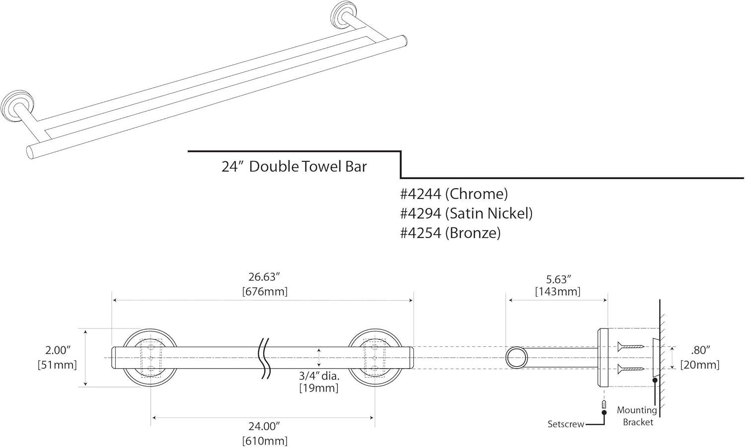 Latitude II Double 24" Wall Mounted Towel Bar | Bathroom Towel Rack with Two Bars