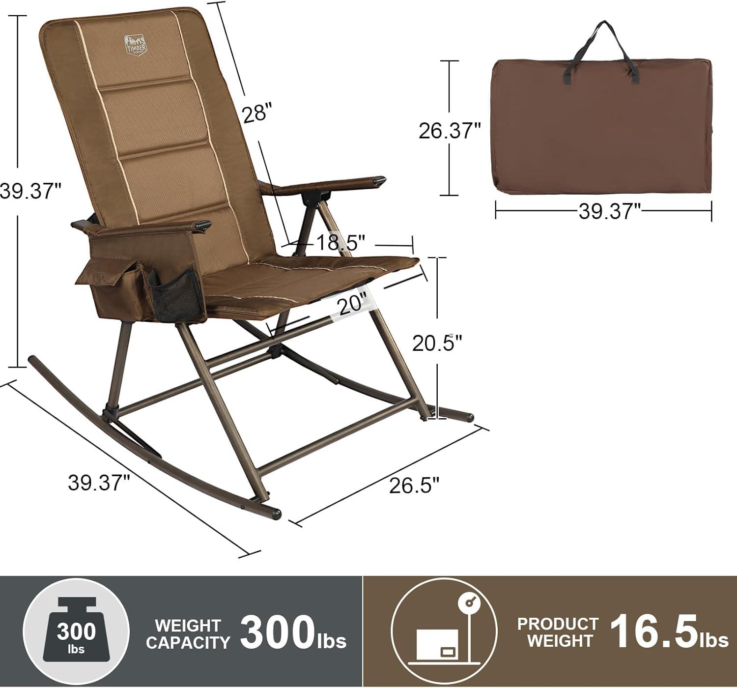TIMBER RIDGE Folding Rocking Camping Chair, Padded High Back Outdoor Rocking Chair with Side Pocket, Portable Rocker Lawn Chairs for Adults, Heavy Duty Supports 300 LBS, Brown-1 Pack