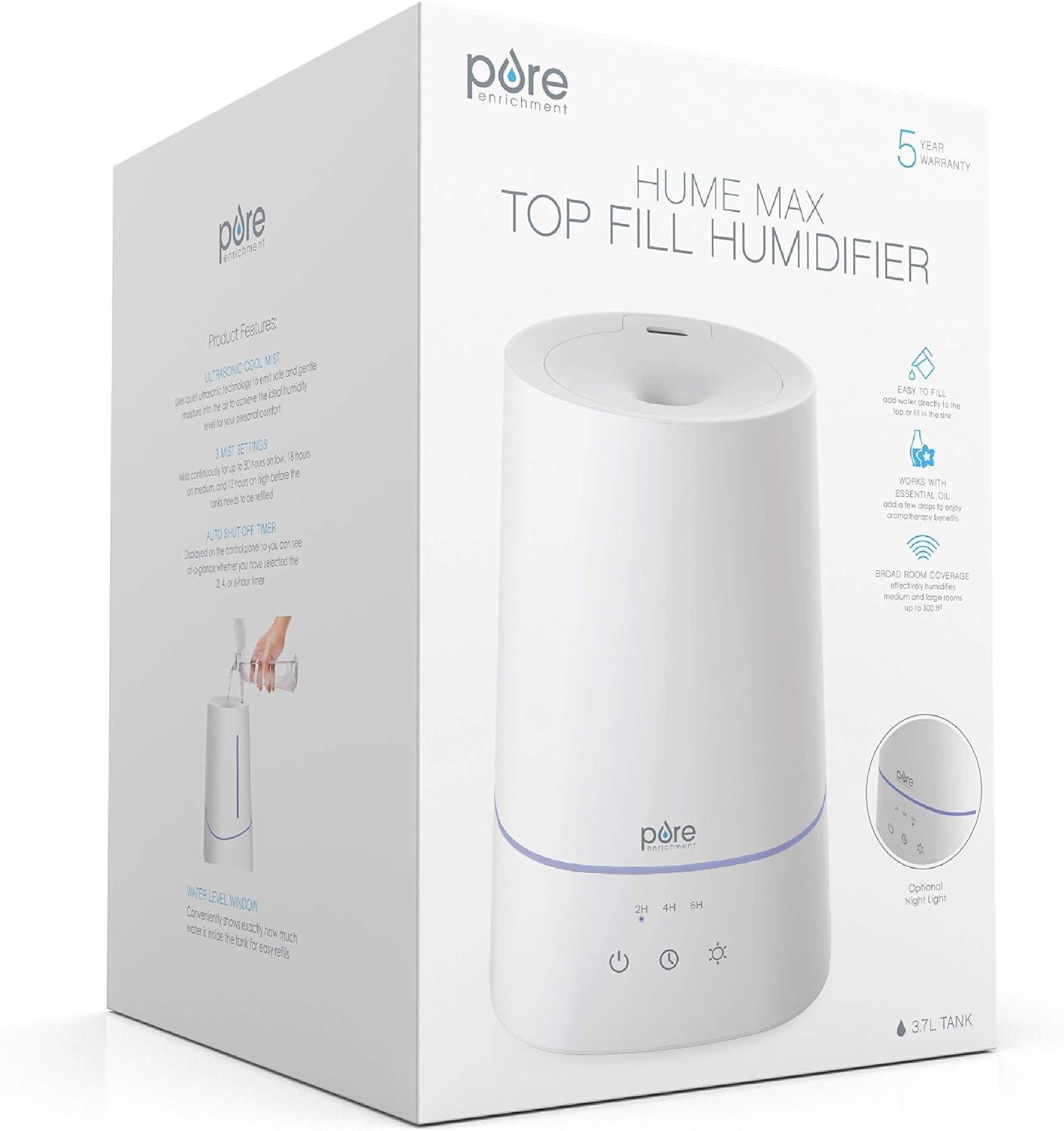 Pure Enrichment 3.7L Tank HUME Max Easy Top-Fill 3 Mist Settings Ultrasonic Cool Mist Humidifier