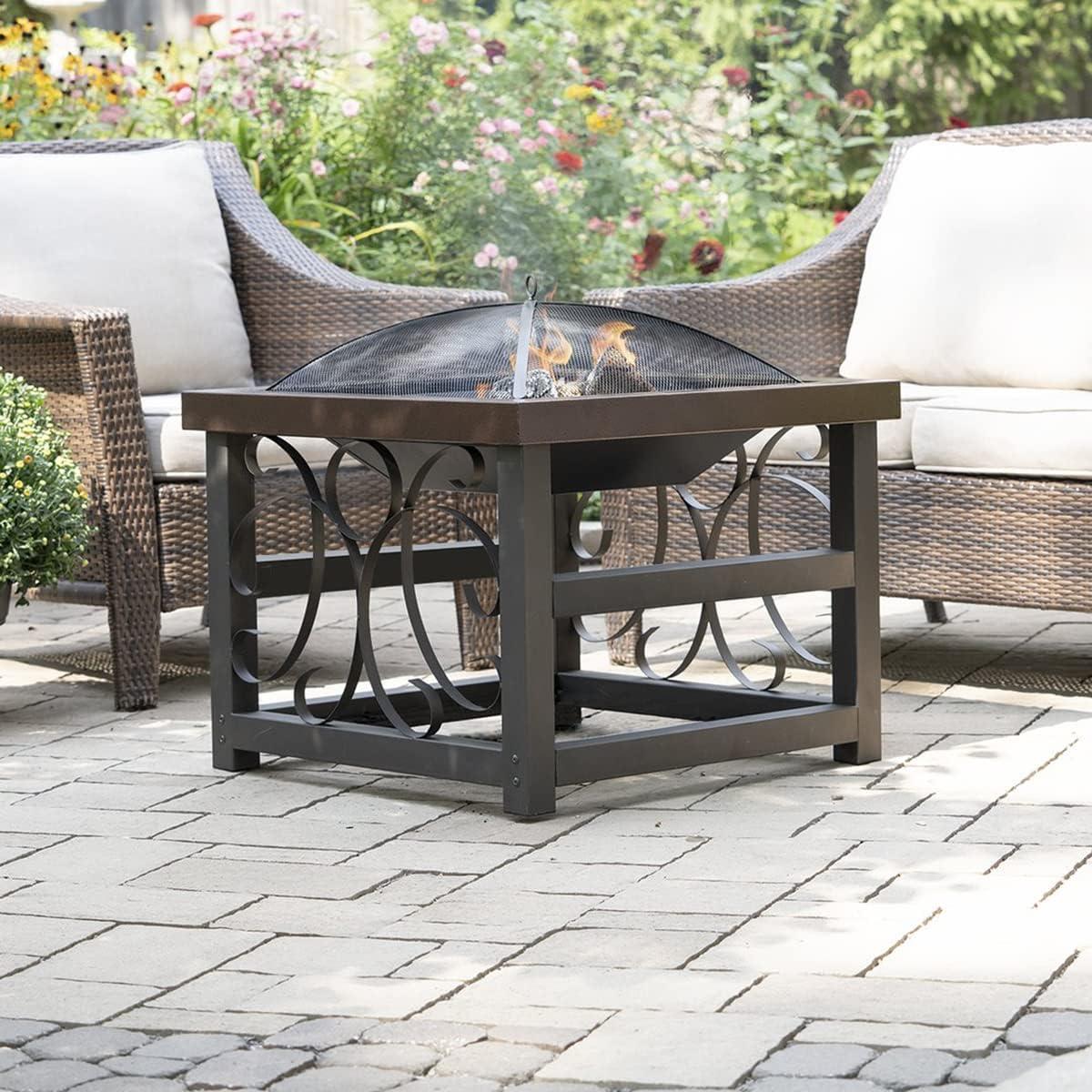 Blue Sky Outdoor Living 28” Square Raised Scroll Fire Pit with Log Grate, Spark Screen, and Lift, Tabletop-Style Steel Fire Pit, Bronze