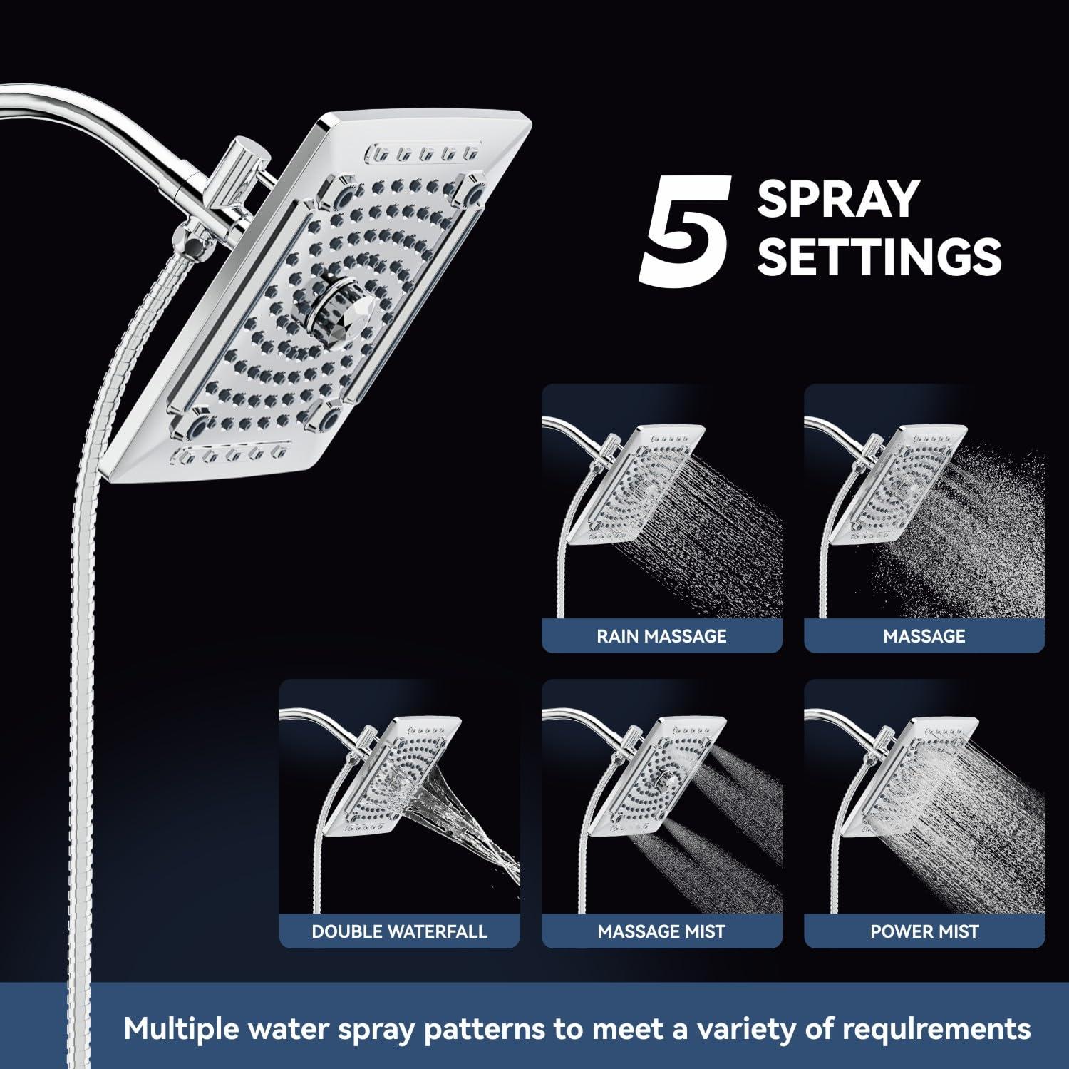 ELLO&ALLO Rain Shower Head with Handheld Spray, Rainfall Shower Head Combo with 60" Hose, Adjustable Dual Showerhead Set with 3-Way Diverter, Chrome