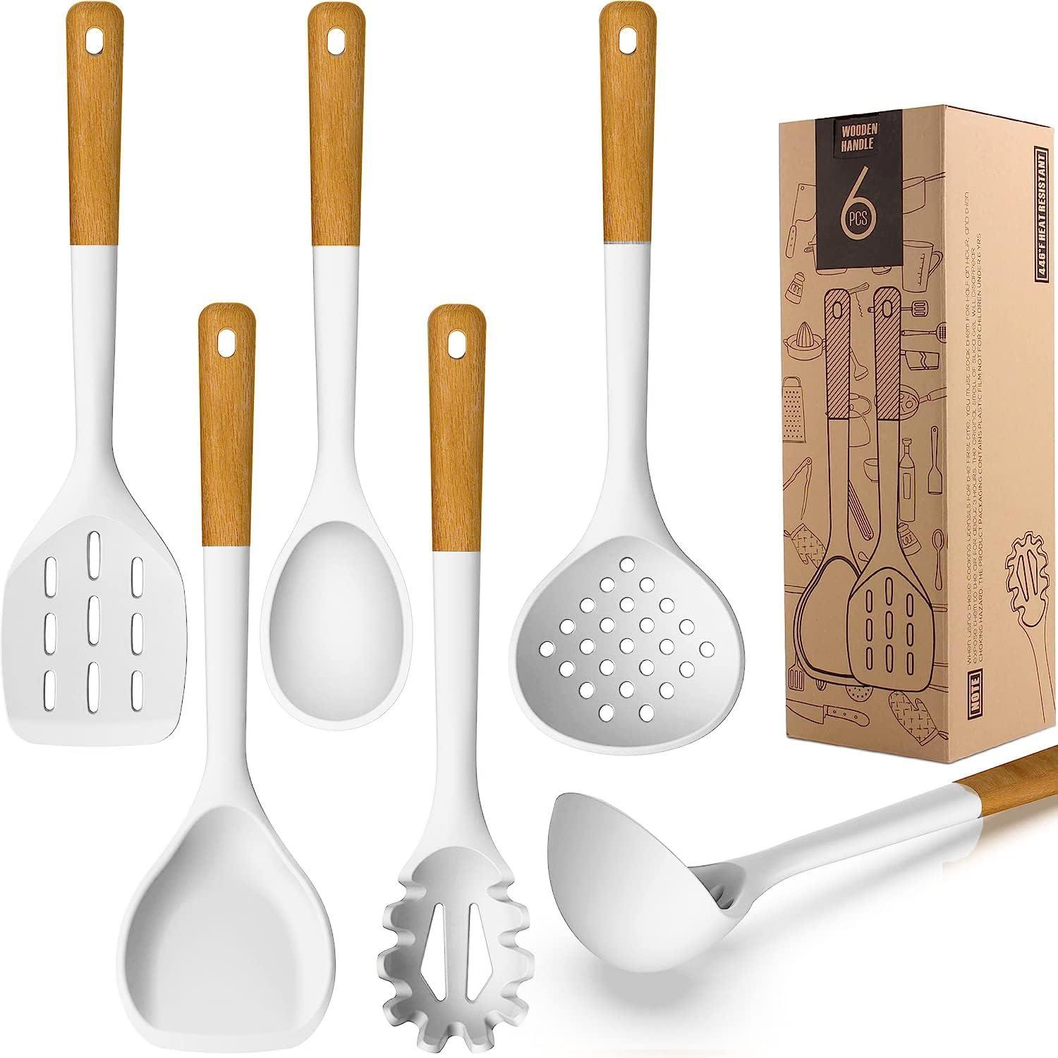 Cream White Silicone Cooking Utensils Set with Wooden Handles