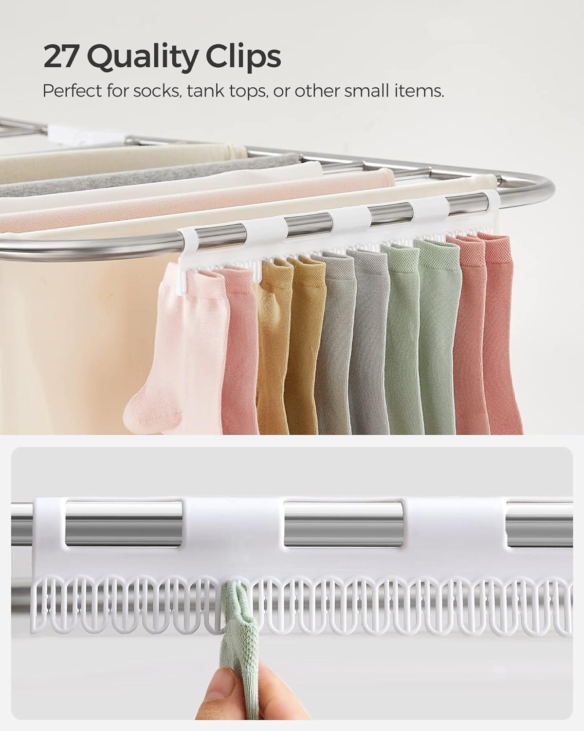 SONGMICS Clothes Drying Rack, Foldable 2-Level Laundry Drying Rack, Free-Standing Large Drying Rack, with Height-Adjustable Wings, 33 Drying Rails, Sock Clips, Silver and White ULLR053W01