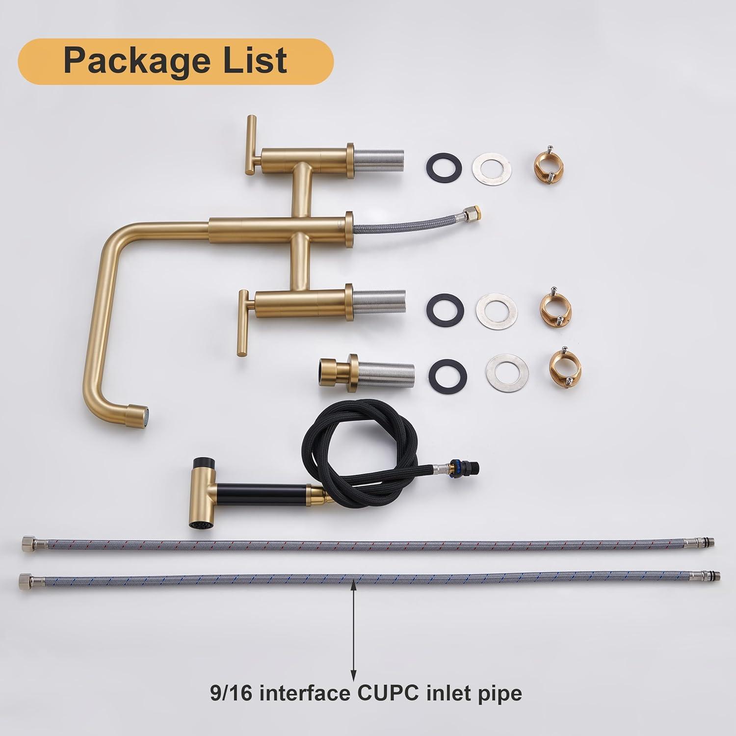 Double Handle Bridge Kitchen Faucet in Brushed Gold, with Put Out Side Sprayer