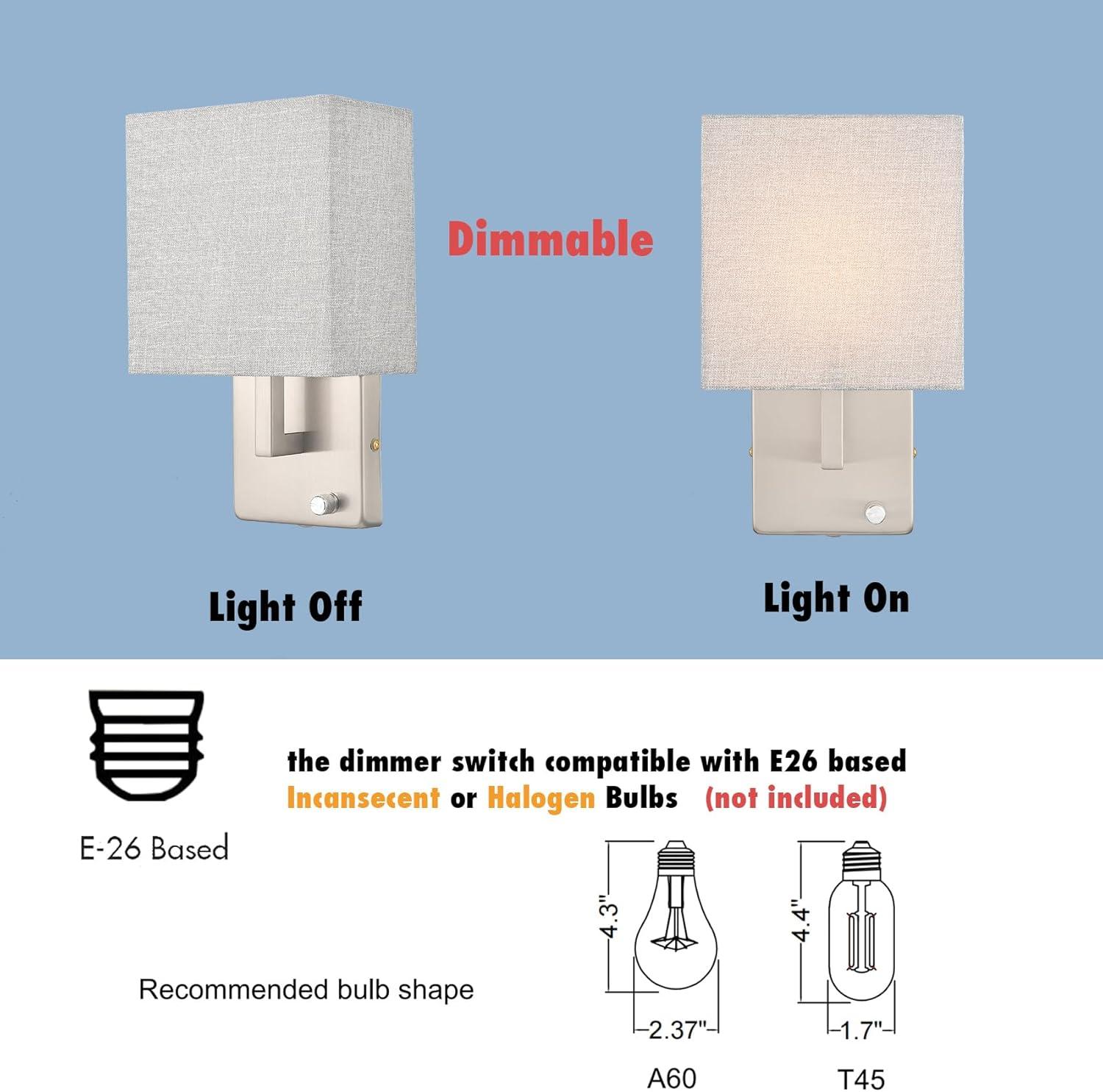 Claxy Brushed Nickel Plug in Wall Sconce with Square Fabric Shade and Switch Set of 2
