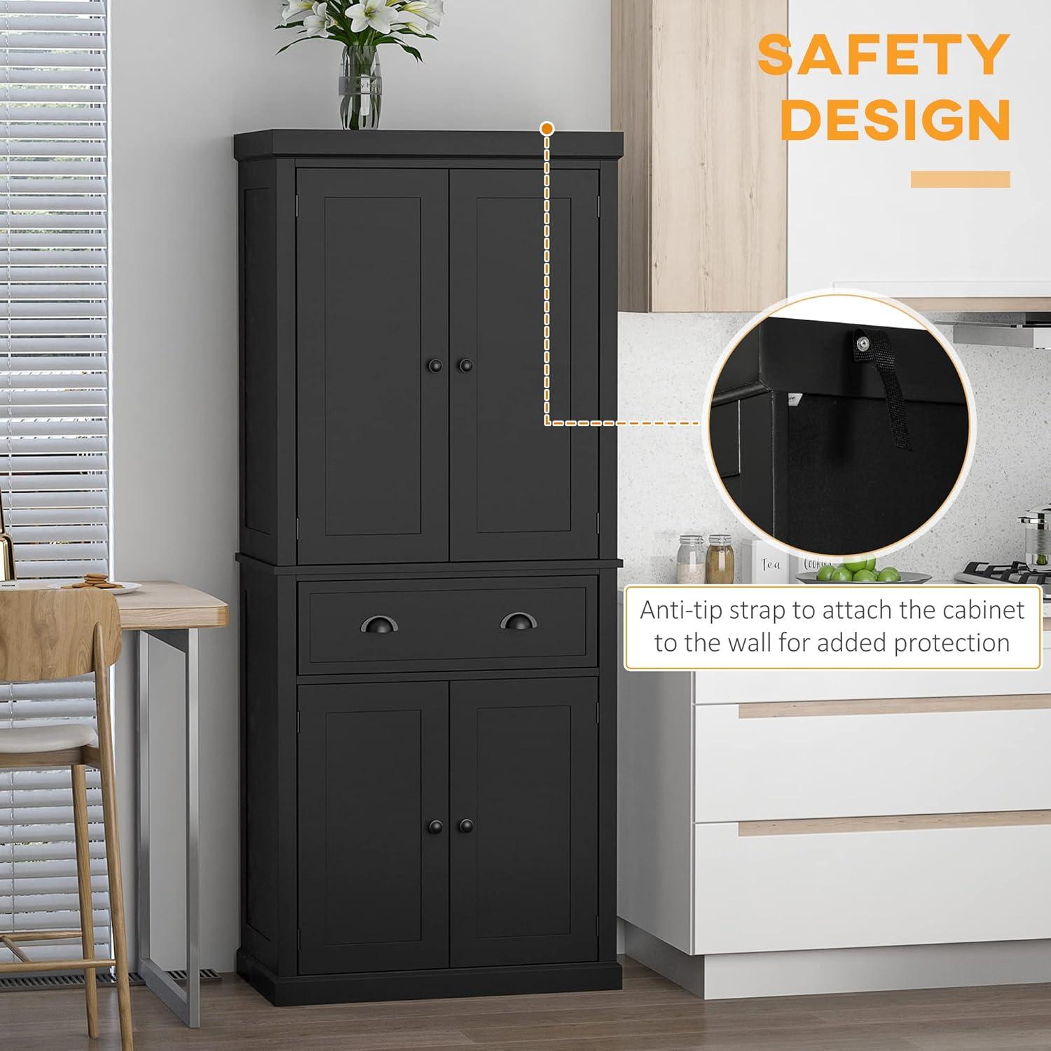 HOMCOM 72.5" Kitchen Pantry Cabinet, Traditional Freestanding Storage Cabinet with 4 Doors, Drawer and 3 Adjustable Shelves for Dining Room, Black