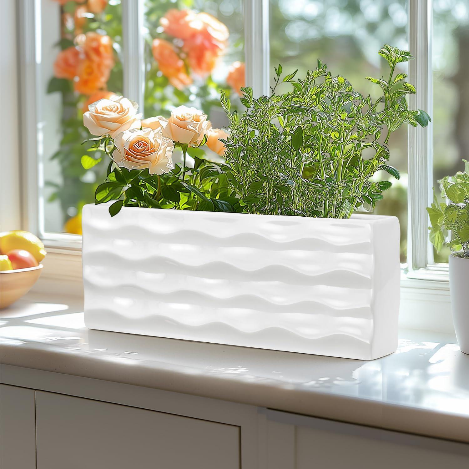 Elegant Glossy White Ceramic Rectangular Vase for Faux or Fresh Bouquets