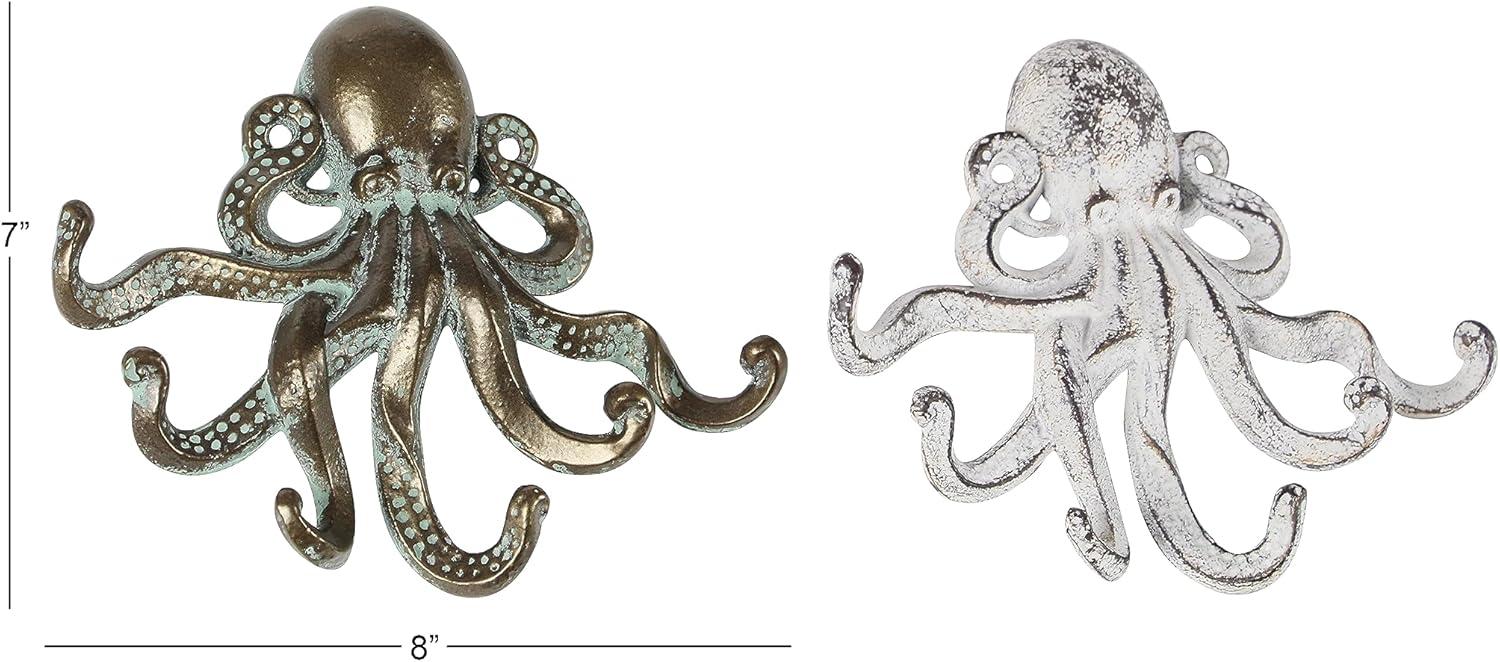 DecMode 8"W, 7"H Bronze Metal 6 Hangers Octopus Wall Hook, 2-Pieces