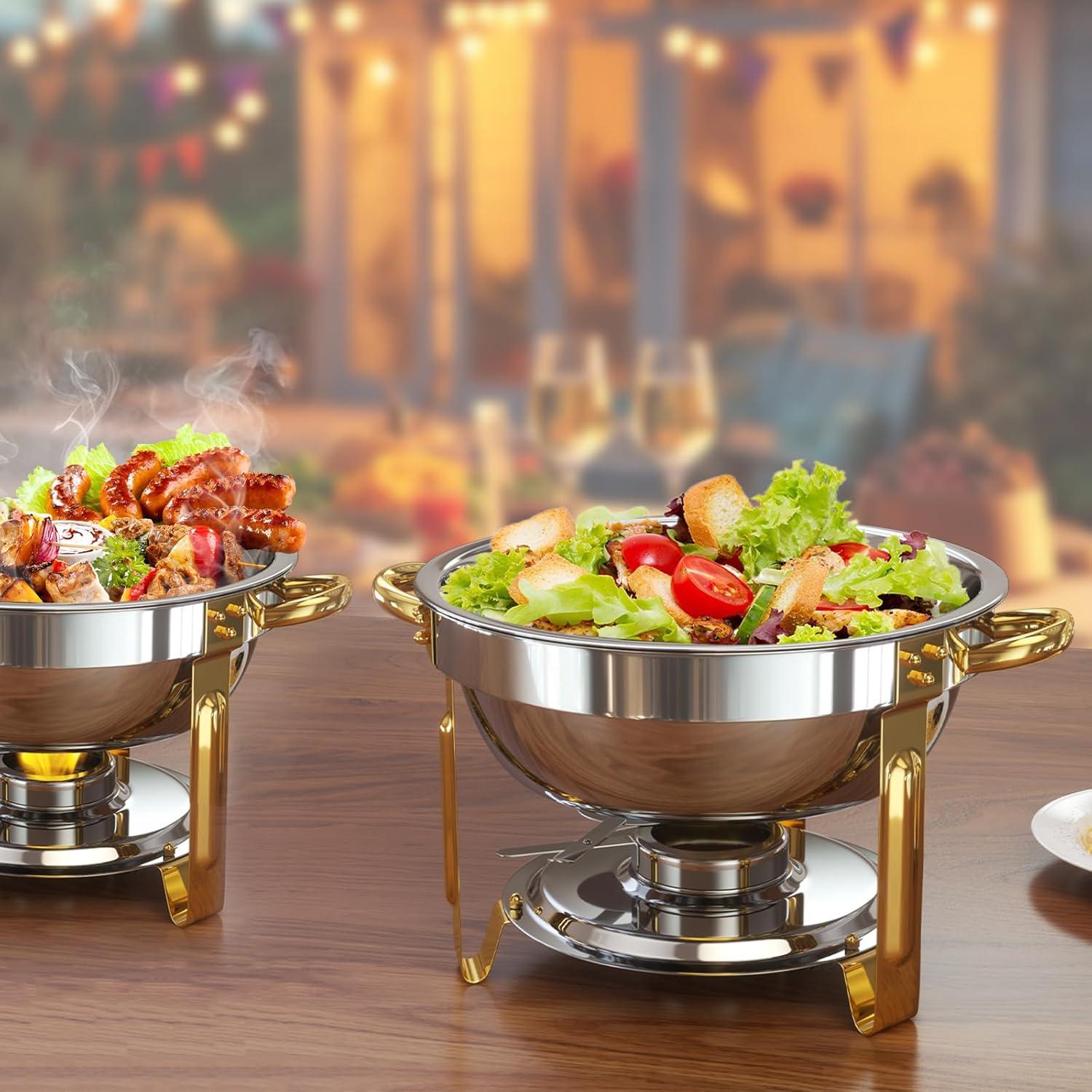 WhizMax Chafing Dish Buffet Set 2 Pack 5QT, Stainless Steel Round Chafing Dishes for Buffet with Lid Holder & Glass Lid, Gold