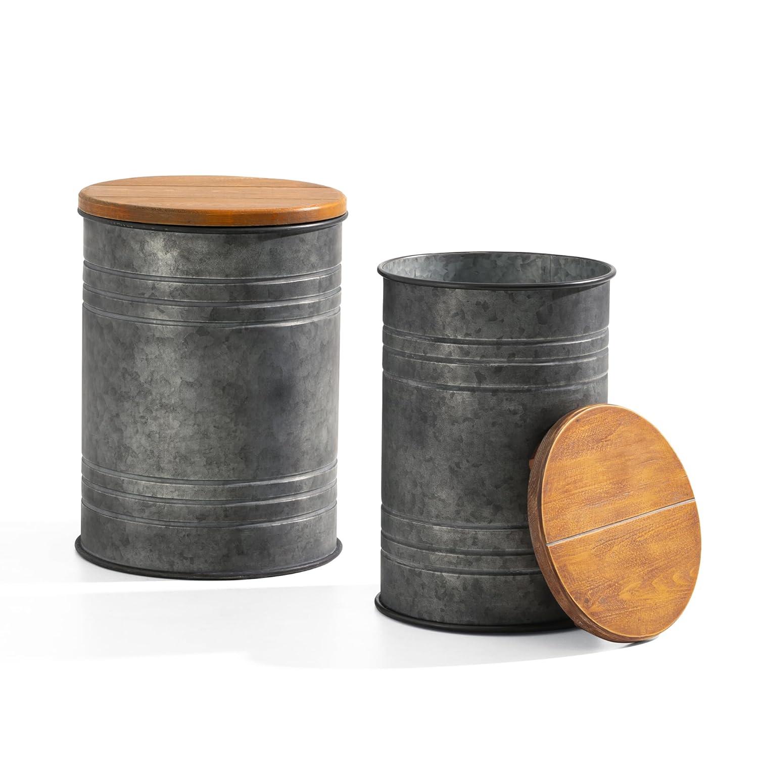 Rustic Dark Gray Metal Storage Stools with Wood Lids, Set of 2