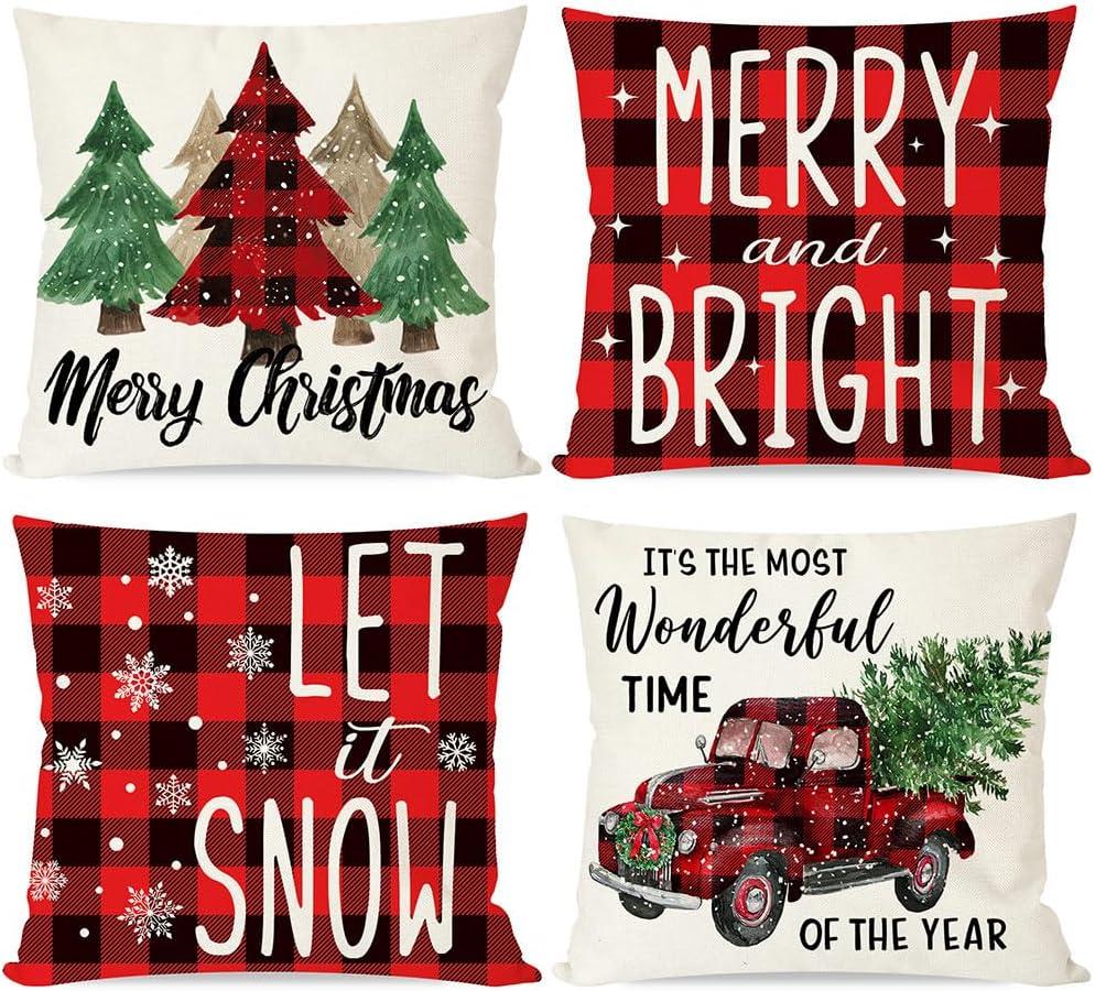 BEAUTY Merry Christmas Throw Pillow Covers 18 x 18 Inch Set of 4  Red Barn Merry & Bright Xmas Farmhouse Holiday Pillowcases for Home Outdoor Decoration CP053-18