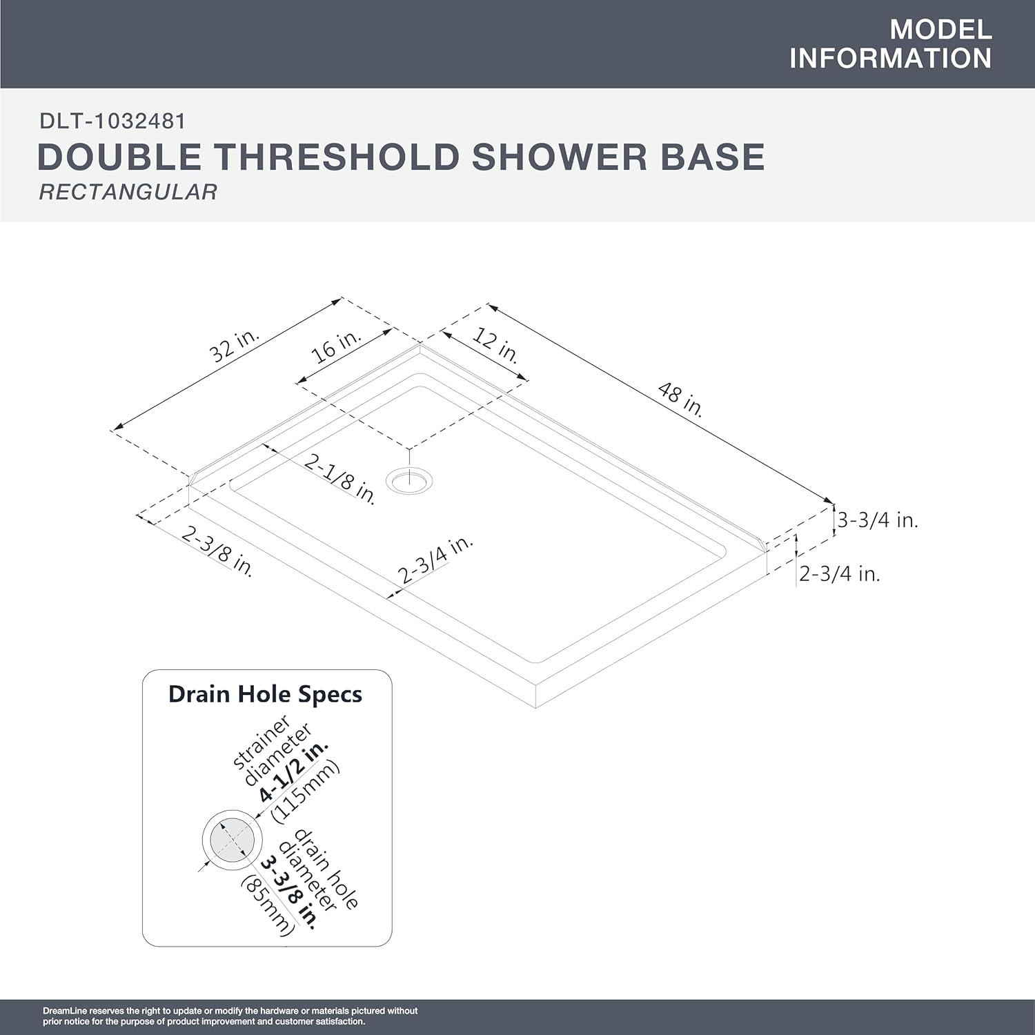 DreamLine SlimLine 2 3/4 in. H Double Threshold Shower Base