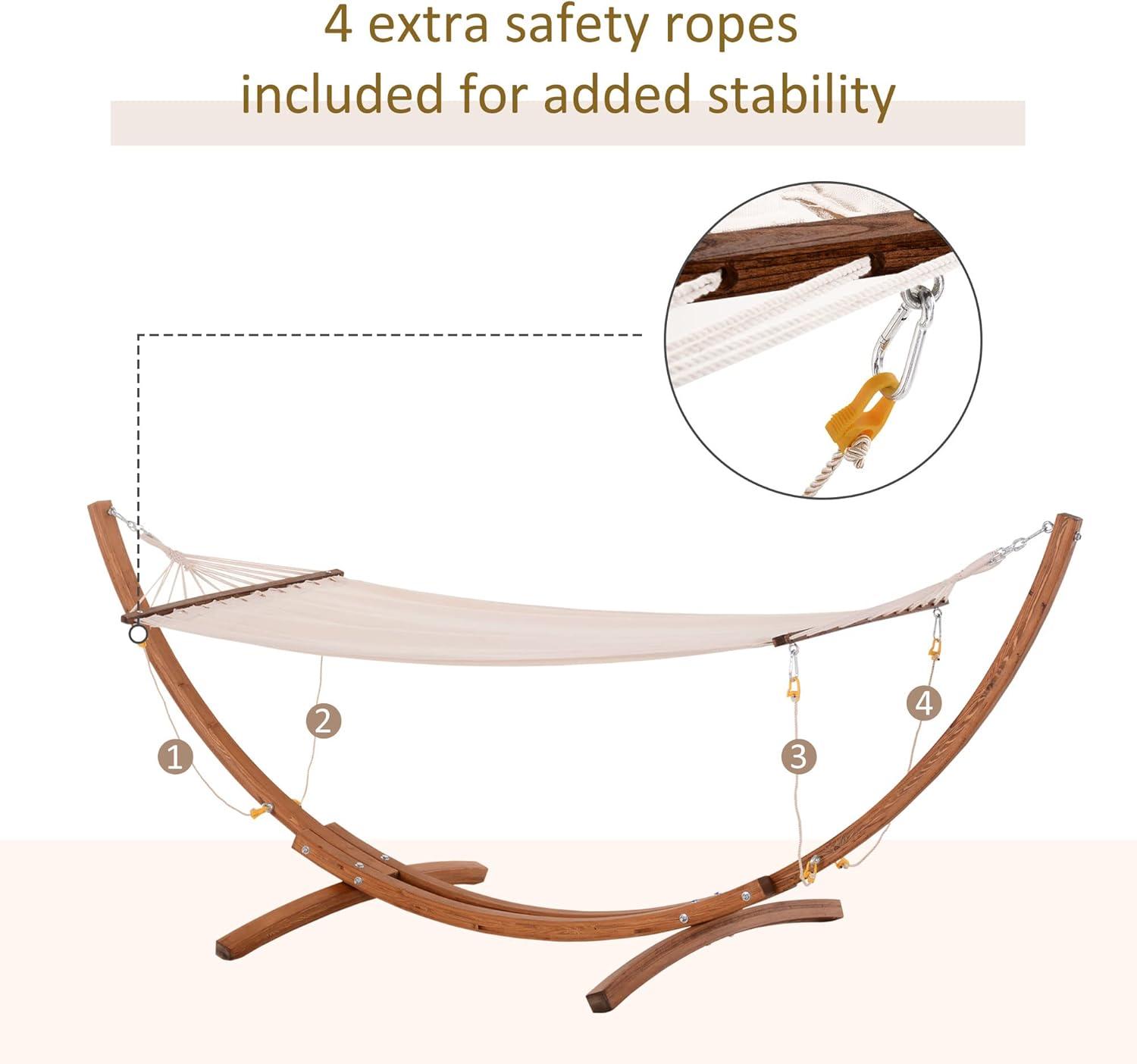 Outsunny Outdoor Hammock with Stand, Heavy Duty Wooden Frame, No Tree Needed, Indoor Outside Boho Style Nap Bed, Natural Cotton, White