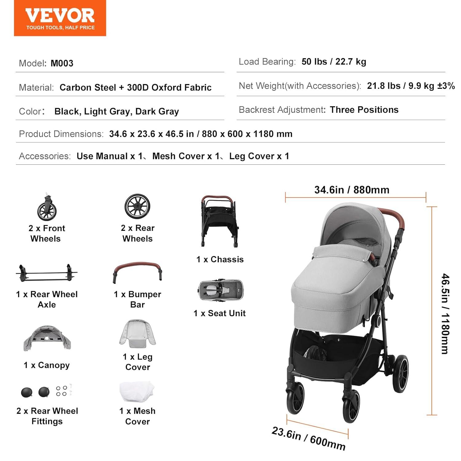 Light Gray All-Terrain Steel Bassinet Baby Stroller