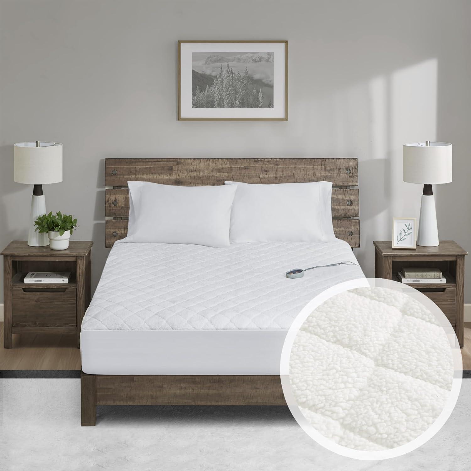 Twin XL White Heated Faux Shearling Mattress Pad