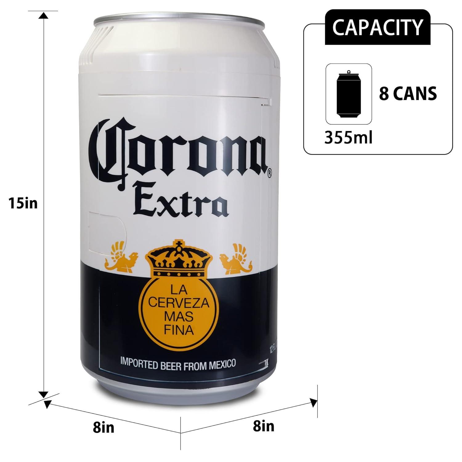 Corona 8 Can Portable Mini Fridge w/ 12V DC and 110V AC Cords, 5.4L (5.7 qt) Beer Can Shaped Personal Cooler, White, Travel Fridge for Beer, Snacks, Lunch, Drinks, Home, Office, Bar, Dorm, RV