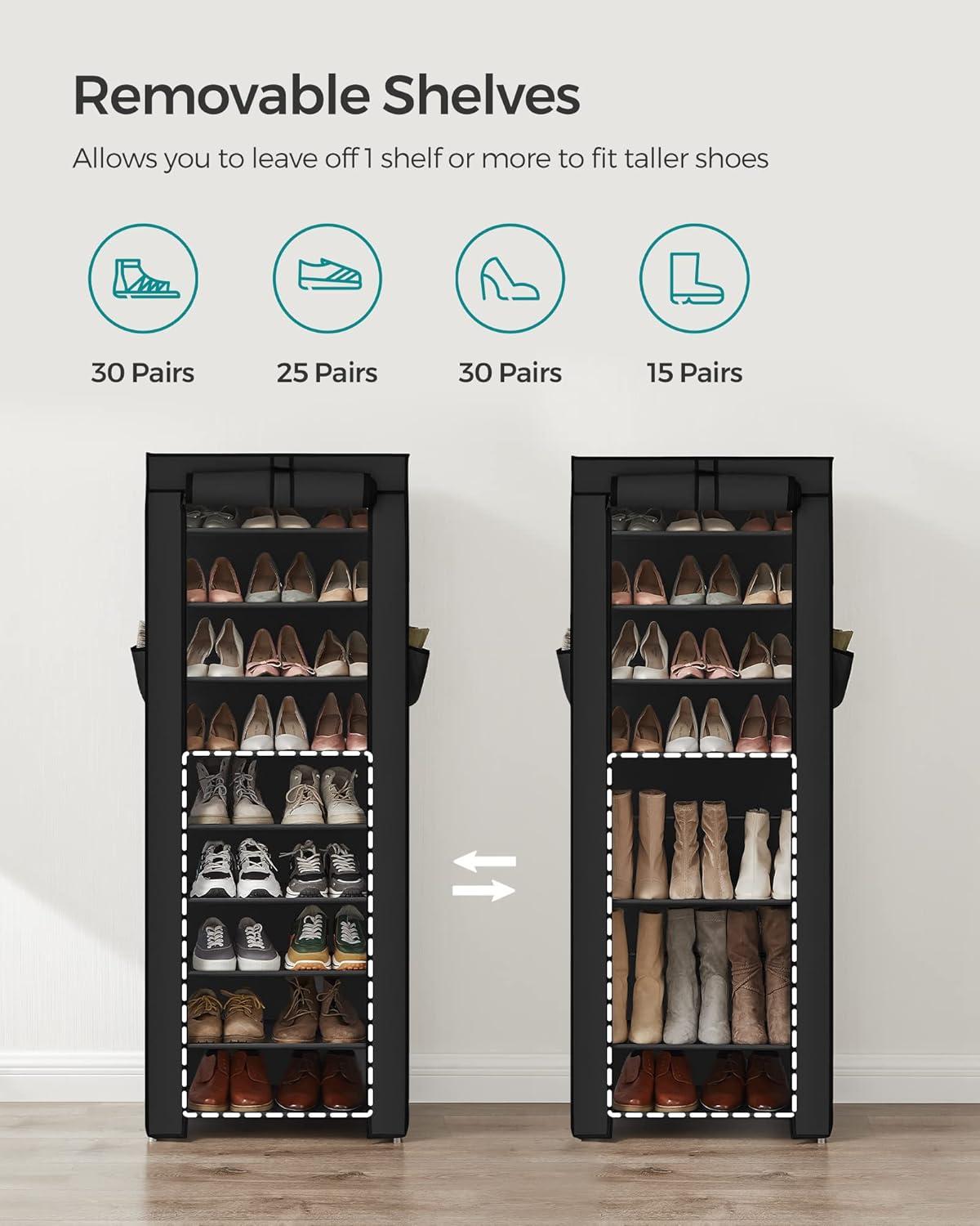 Black 9-Tier Fabric and Metal Shoe Rack with Cover