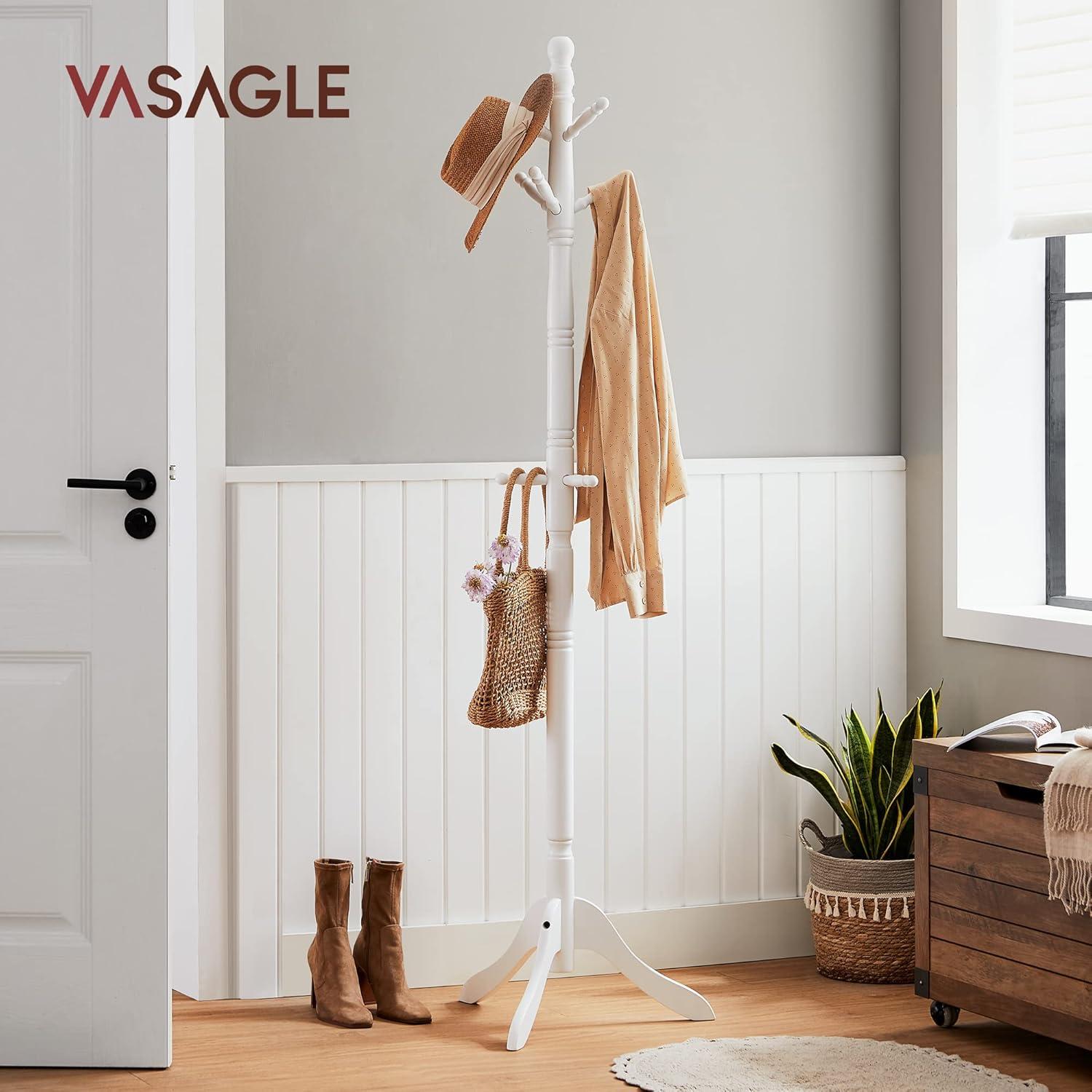 VASAGLE Coat Rack, Solid Wood Coat Stand, Free Standing Hall Coat Tree with 10 Hooks, White