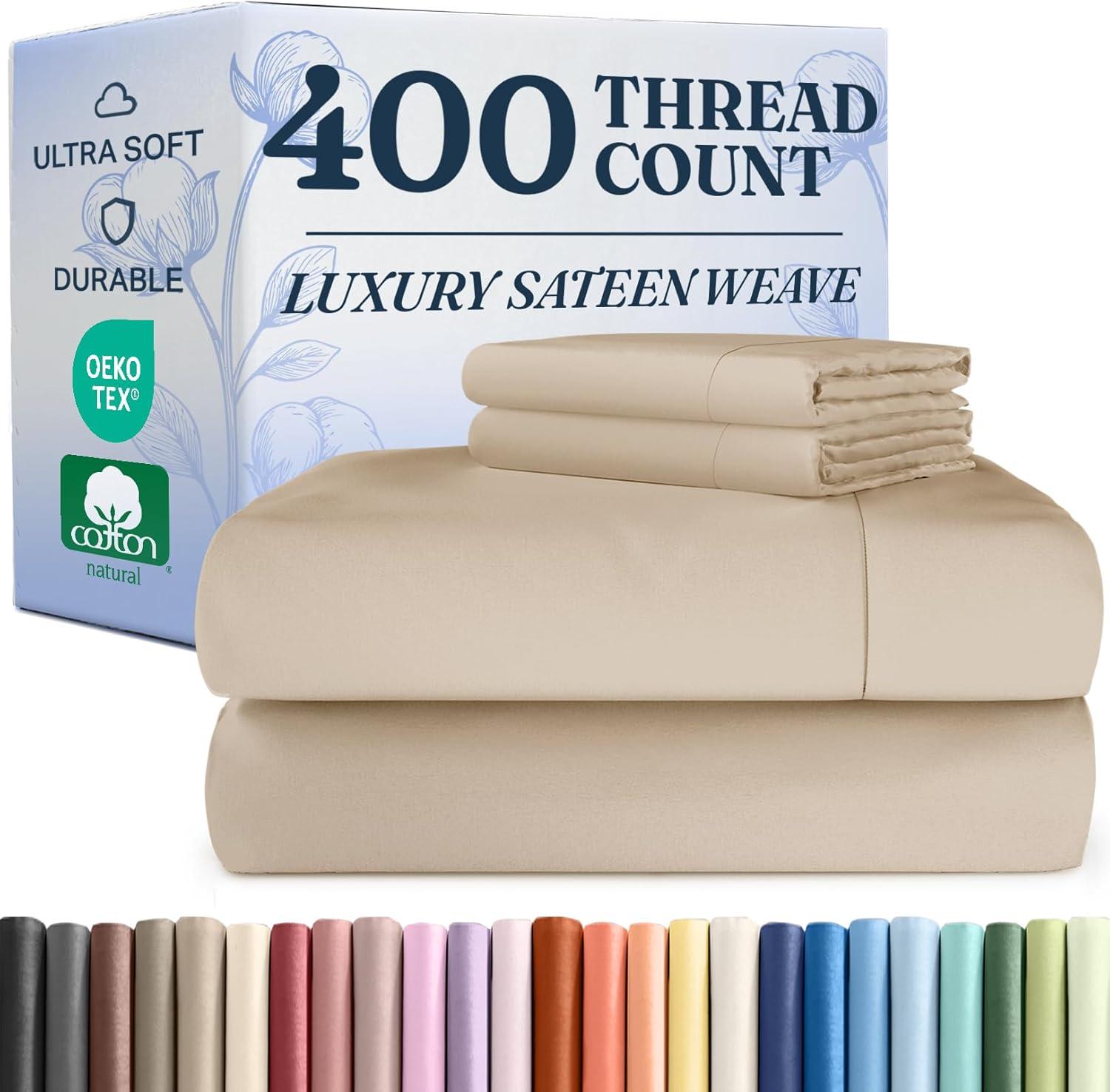 CGK Linens 100% Cotton 400 Thread Count 4 Piece Sheet Set - Soft & Cozy Sateen Bed Sheets in Cream, Size Queen