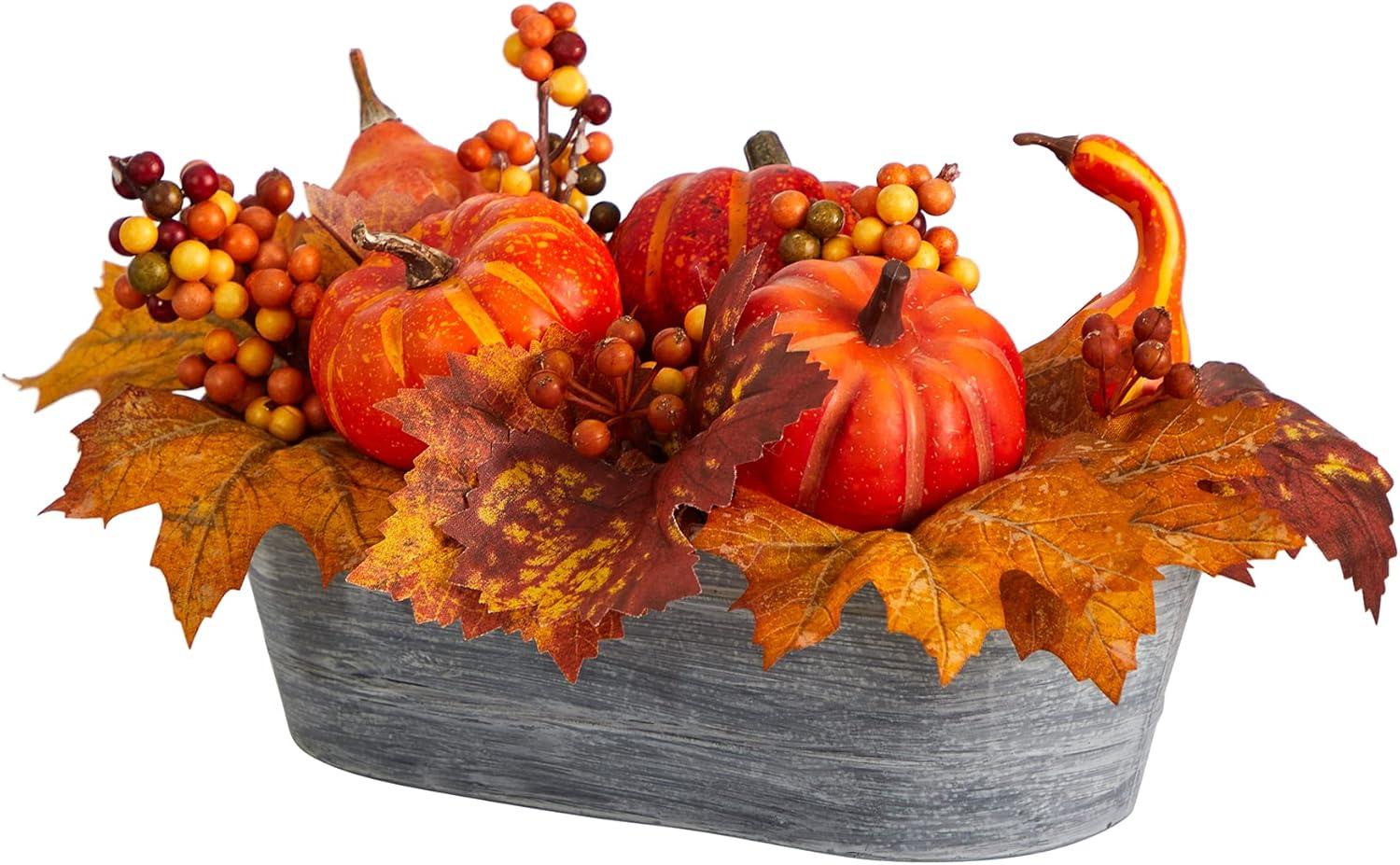 Nearly Natural 12-in Fall Pumpkin and Berries Autumn Harvest Artificial Arrangement in Washed Vase