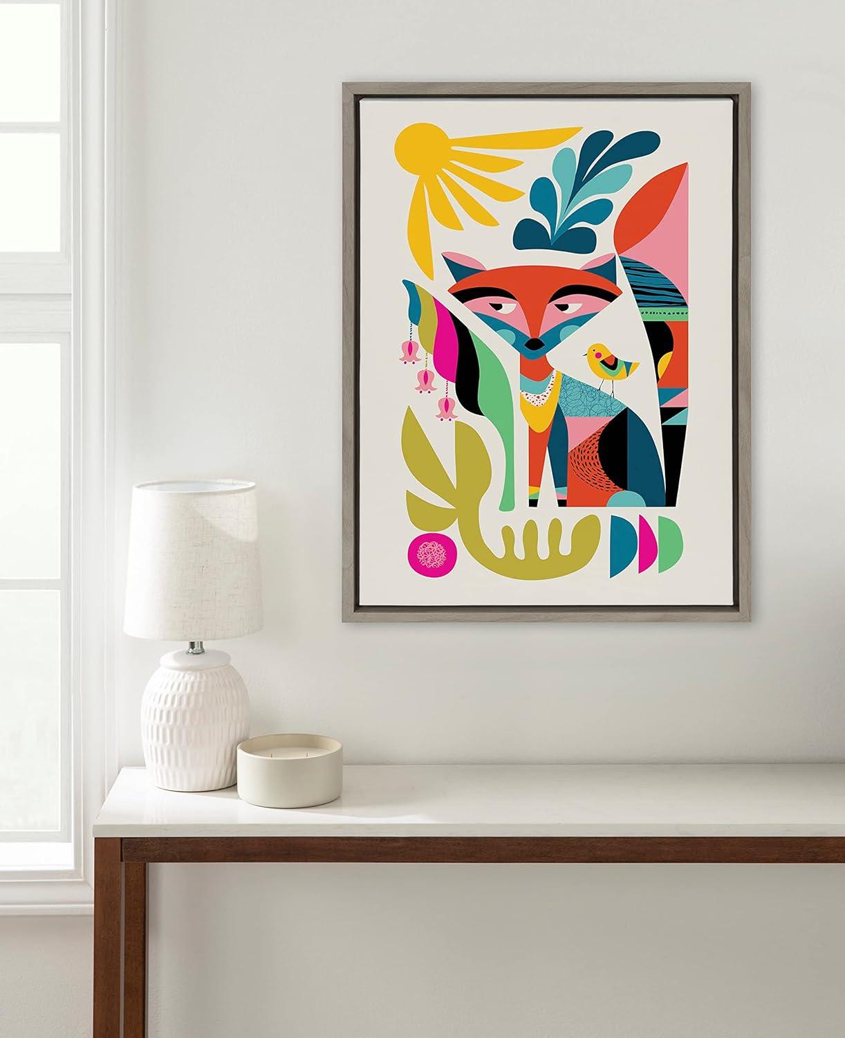 Kate and Laurel Sylvie Mid Century Modern Fox Framed Canvas Wall Art by Rachel Lee of My Dream Wall, 18x24 Gray, Colorful Abstract Animal Nursery Art for Wall