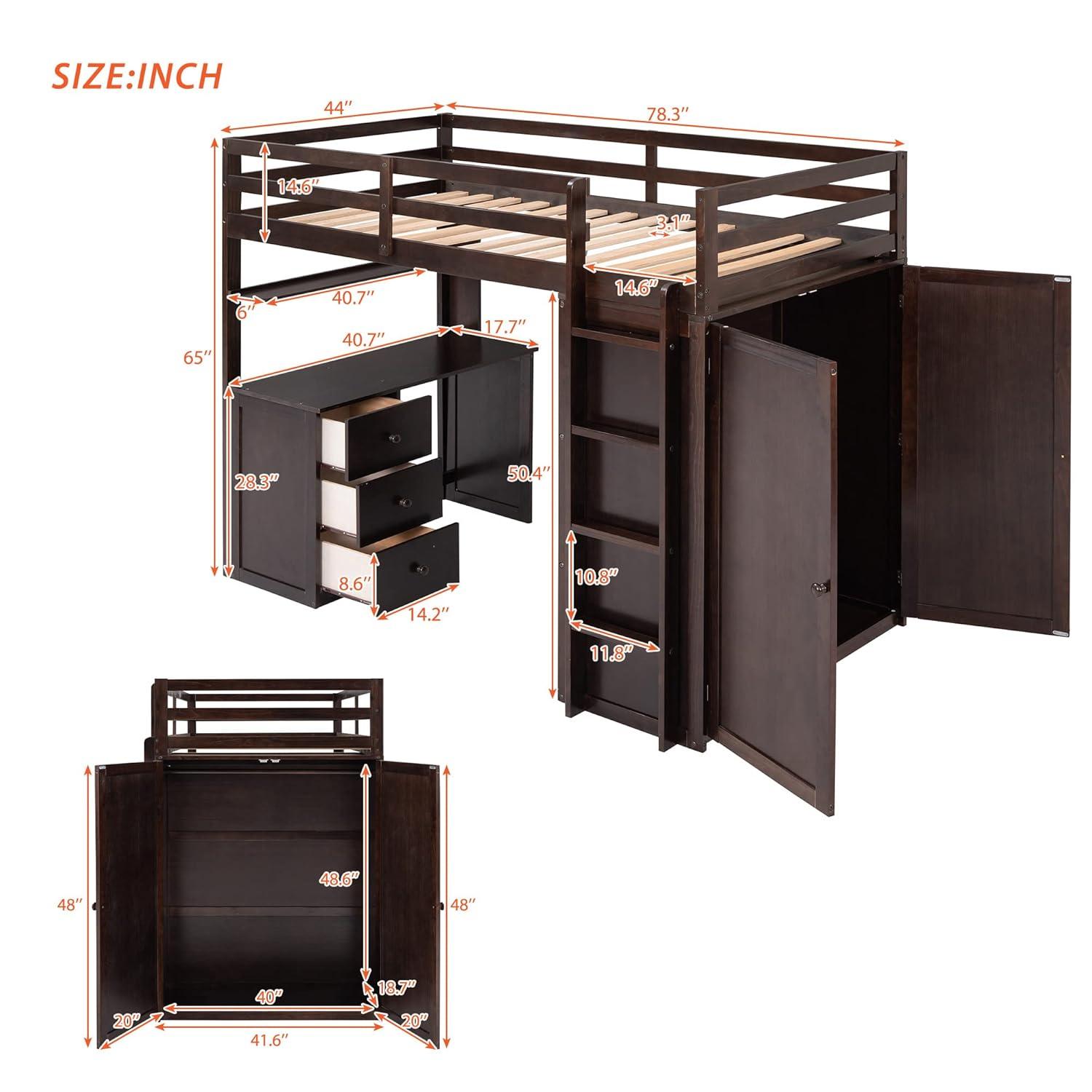 Seizeen Wooden Twin Size Loft Bed for Kids, Twin Loft Bed with Drawers, Desk, Wardrobe, Ladder & Safety Rails, Modern Bedroom Space Saving Loft Bed Frame with Storage, No Box Spring Needed, Espresso