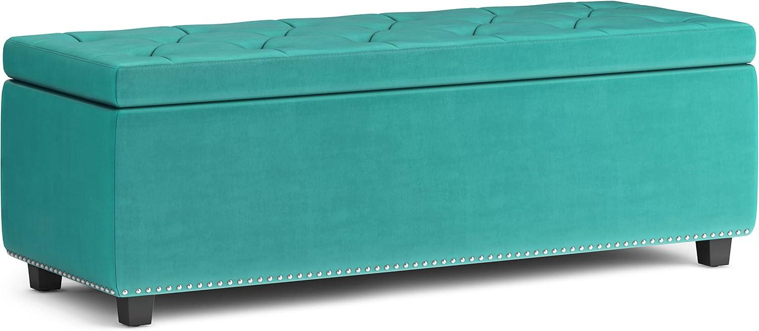 Aqua Blue Velvet Tufted Large Rectangular Storage Footstool