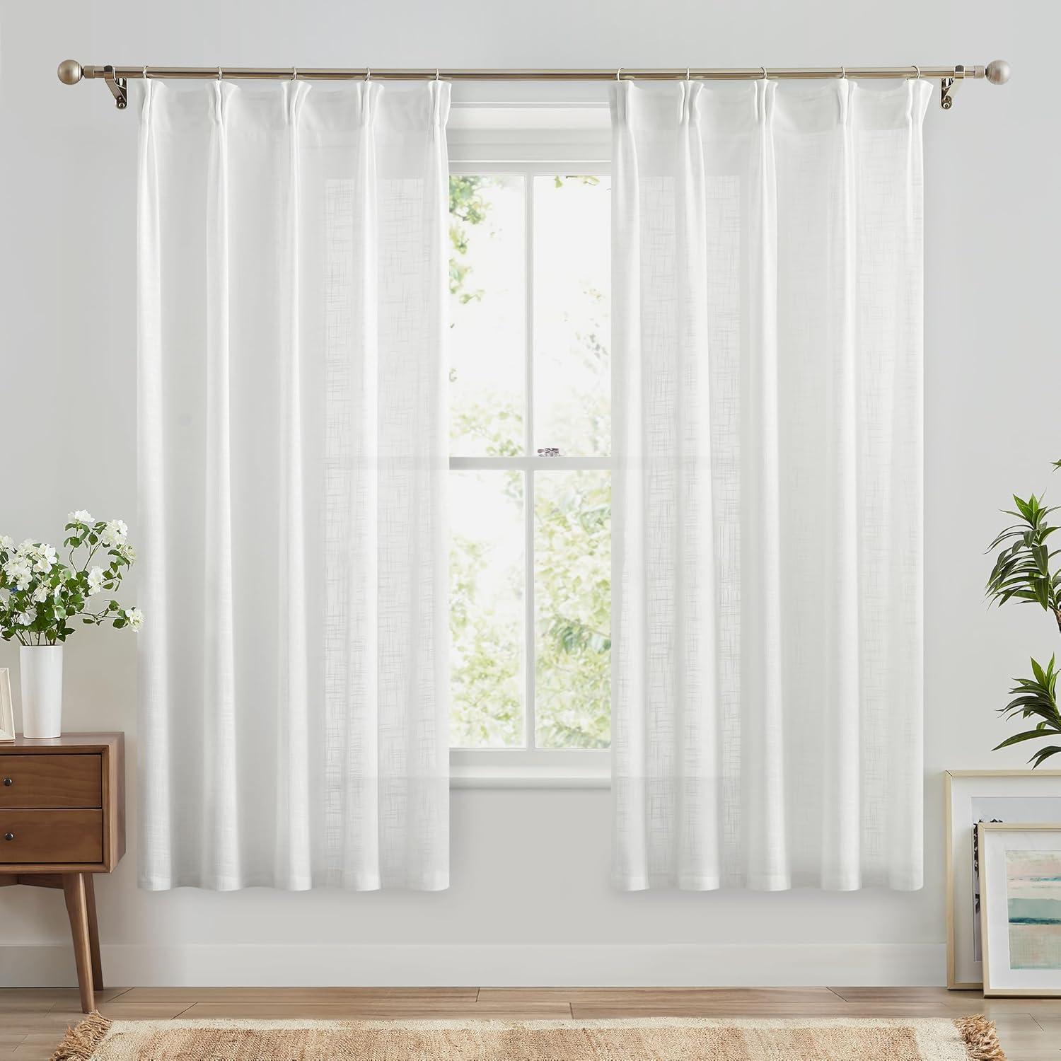 White Linen Semi-Sheer Light-Filtering Rod Pocket Curtains, 63" Length