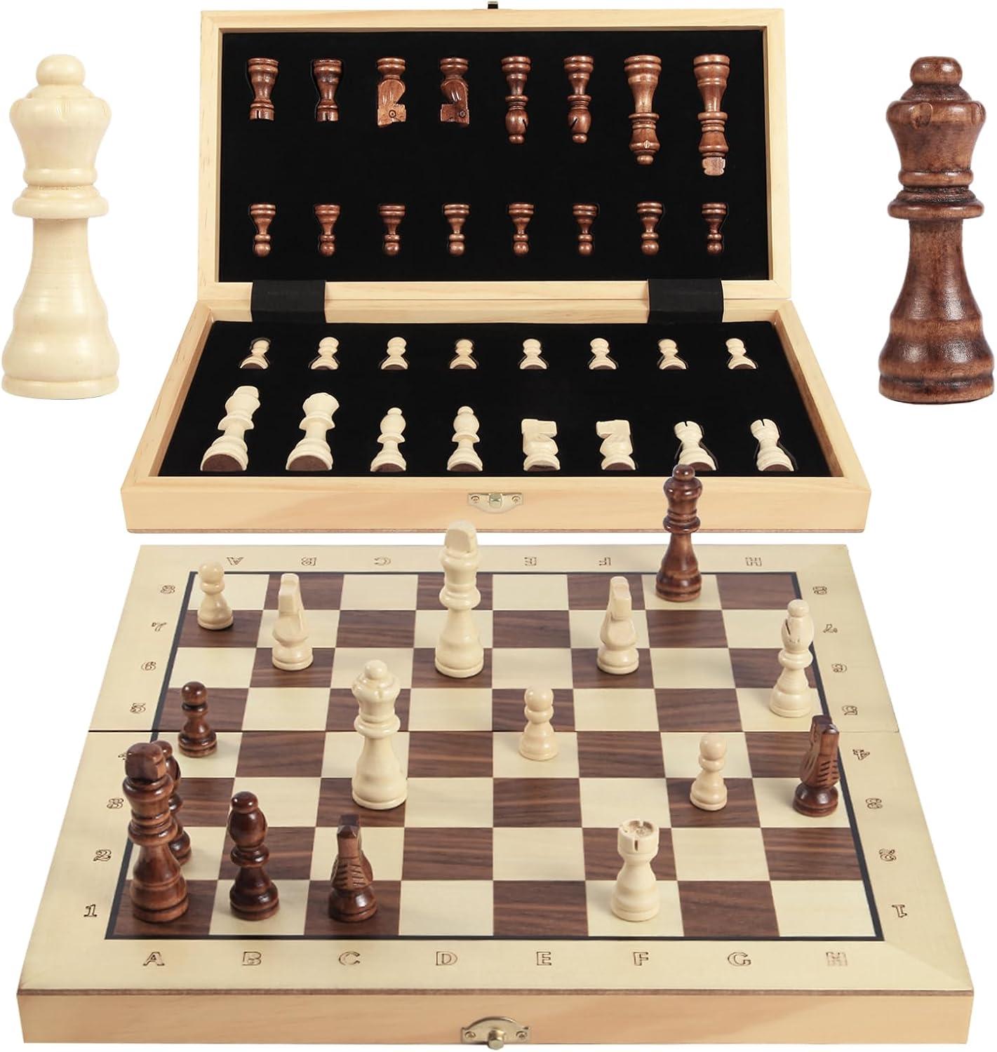 15" Folding Wooden Chess Set with Hand-Carved Pieces