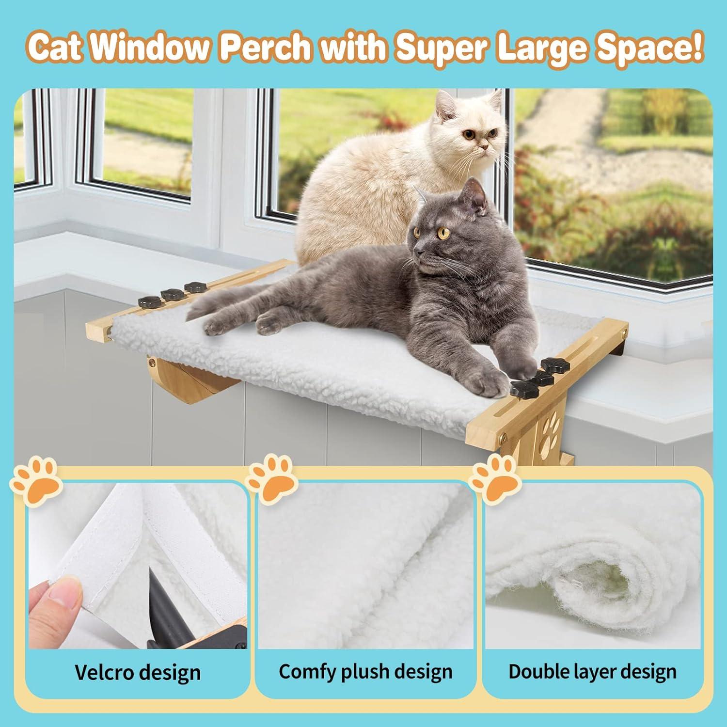 Window Perch Sturdy Cat Hammock With Wood and Metal Frame - No Drilling Required - Multiple Uses - Bed for Windowsill, Floor, Bedside or Cabinet - Suitable for Large Cats (L-White Plush)