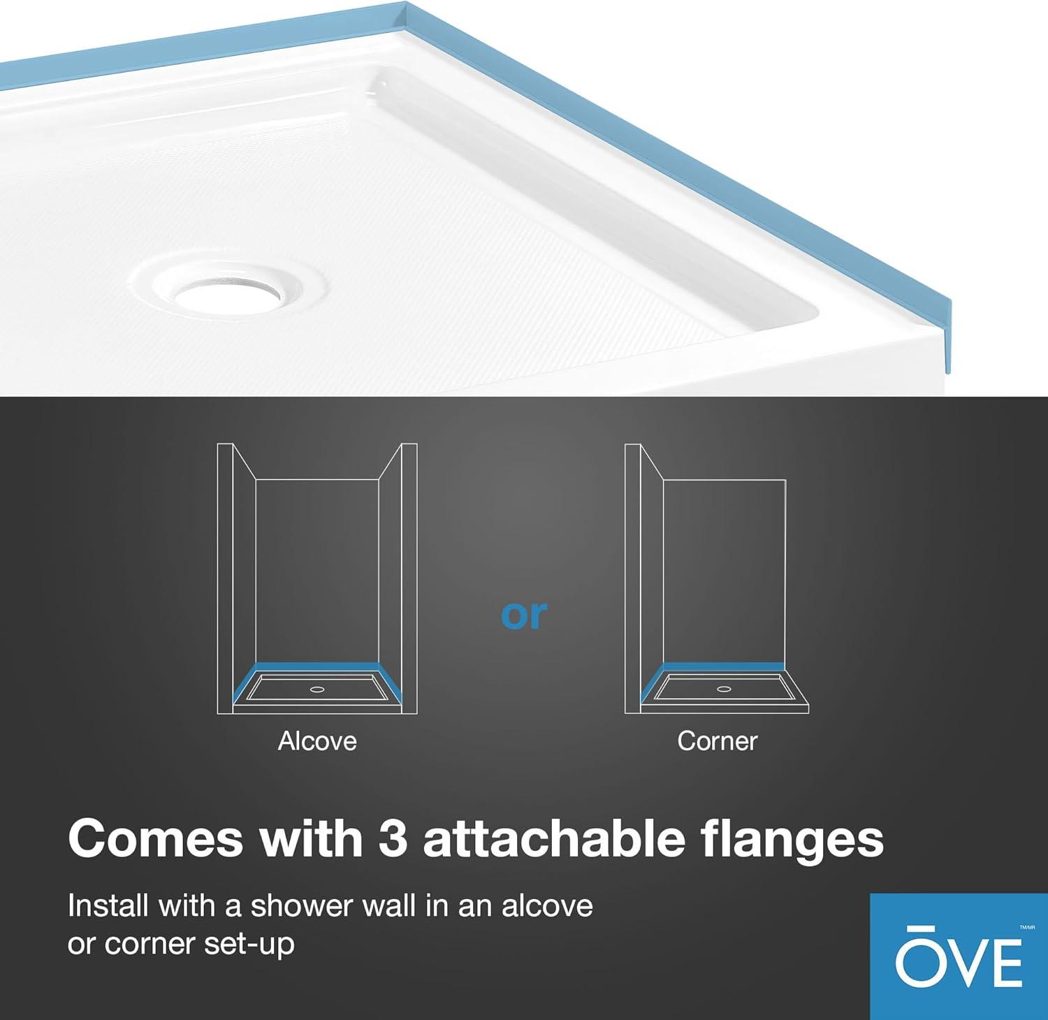 OVE Decors 34" x 32" Rectangle Shower Base Pan, White Acrylic, Center Drain, Reversible Design