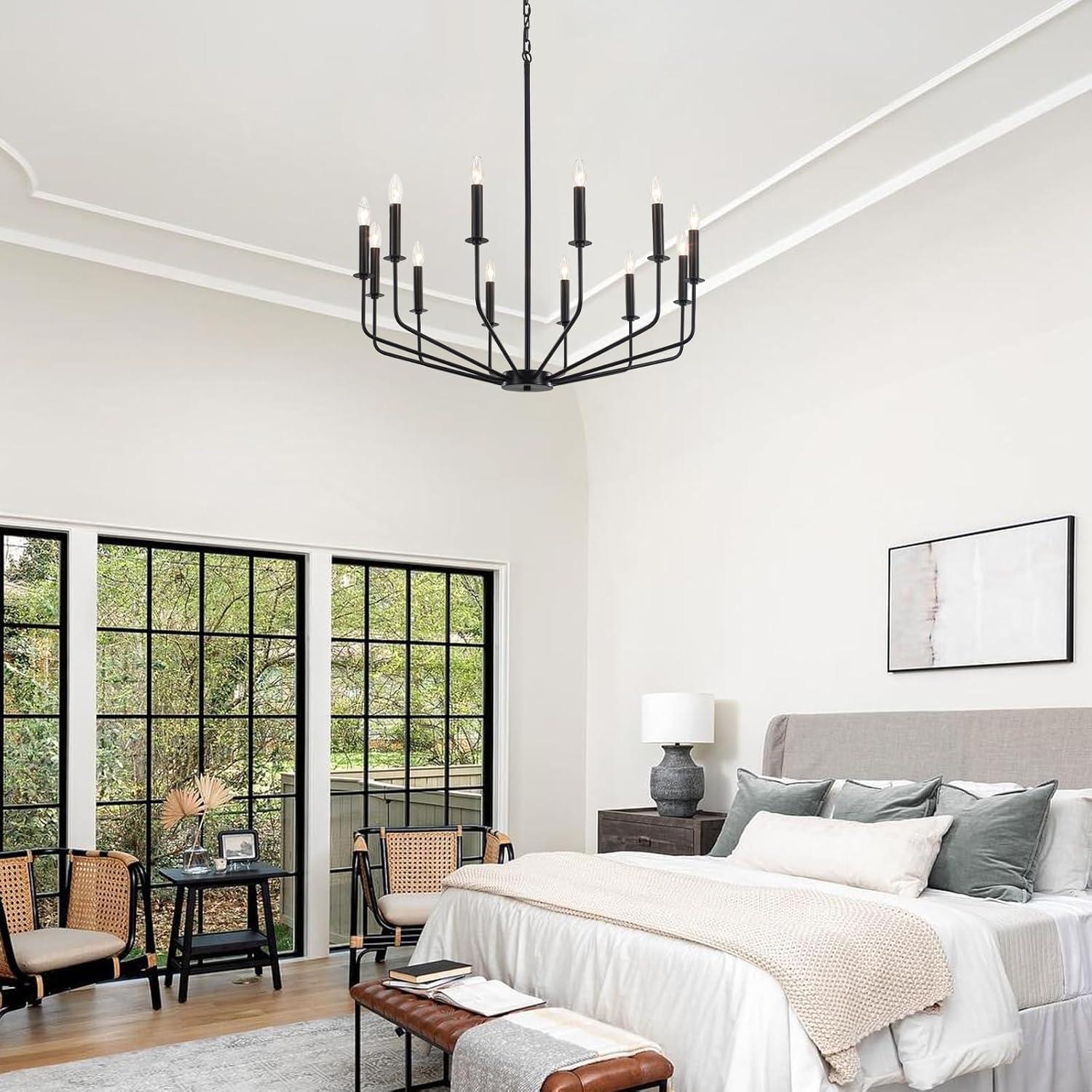 Farmhouse Black Large Chandelier Light Fixture for Dining Room,12 Light Round Matte Candle Modern Chandelier Pendant Light Fixture for Living Room Bedroom Kitchen Foyer Entryway.