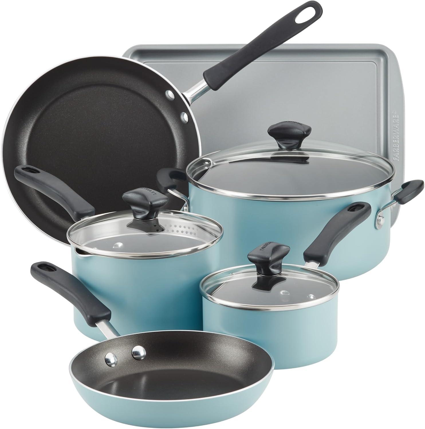 Farberware Cookstart Aluminum DiamondMax Nonstick Cookware Set, 15-Piece, Aqua