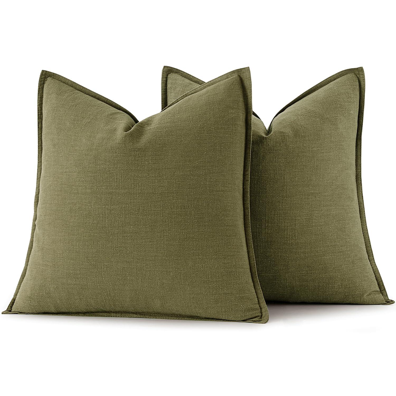 MIULEE Pack of 2 Decorative Linen Pillow Covers 18x18 Inch Olive Green Farmhouse Soild Neutral Throw Pillow Covers Soft Accent Decorative Pillowcases Home Decors for Couch Sofa Bed Living Room