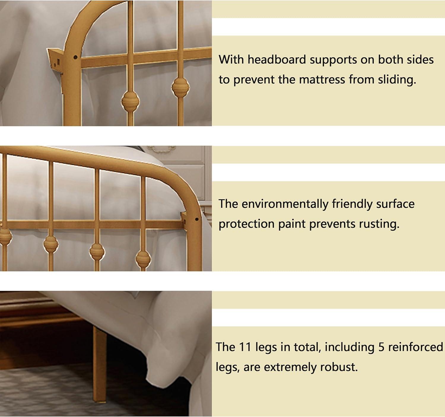alazyhome Metal Bed Frame Full Size Platform No Box Spring Needed with Vintage Headboard and Footboard Premium Steel Slat Support Mattress Foundation Gold