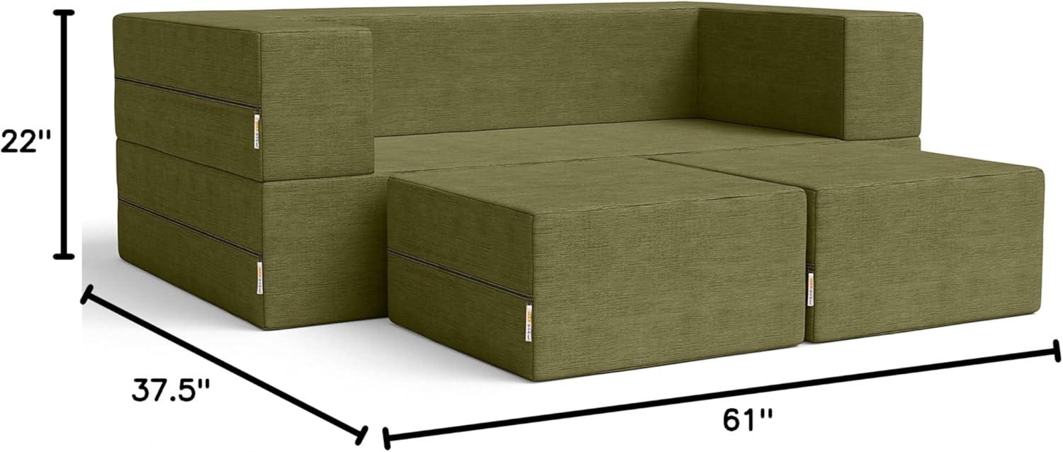 Jaxx Zipline Convertible Sleeper Loveseat & Ottomans, Textured Microvelvet - Moss