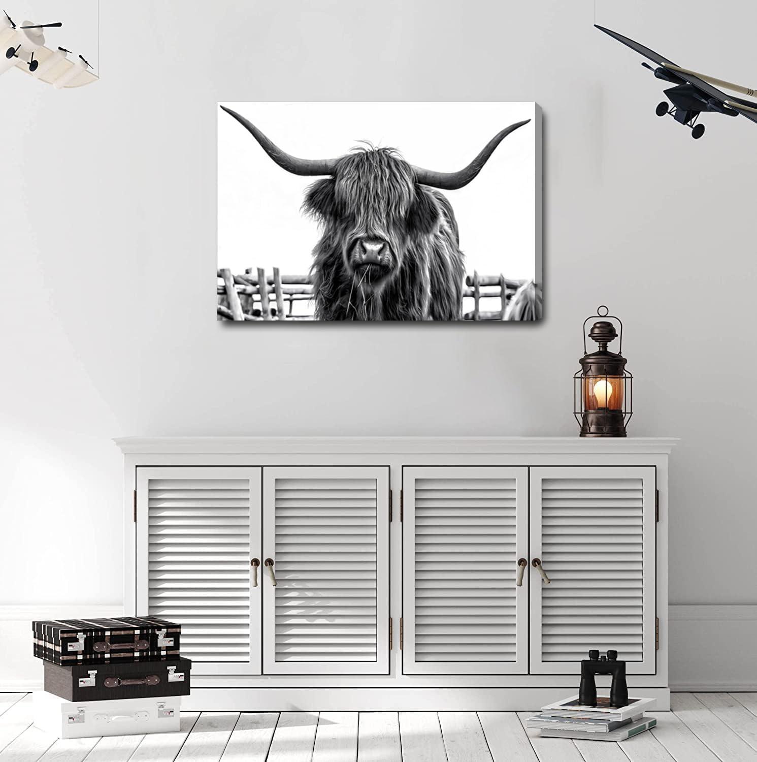 Lingy  Highland Cow Wall Art Farmhouse Decor Canvas Printed Black and White Cow Pictures Wall Decor Modern Western Rustic Artwork Decorations for Bedroom Office Living Room  16x12in