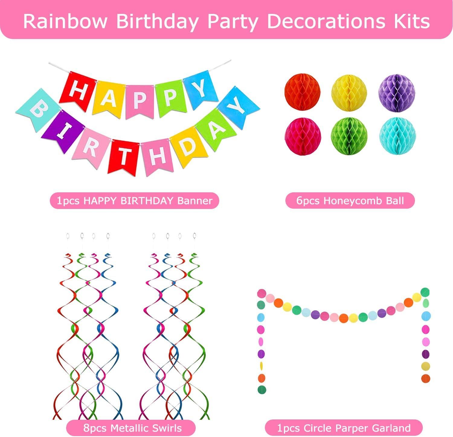 Happy Birthday Banner, Rainbow Birthday Banner, 6 Honeycomb Balls, 8 Metallic Hanging Swirls and Circle Parper Garland, Happy Birthday Decorations