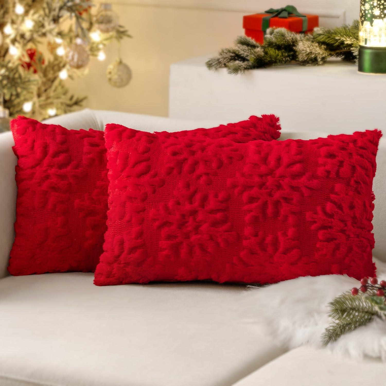 Red Faux Wool Snowflake Decorative Pillow Covers 12x20 Inch Set