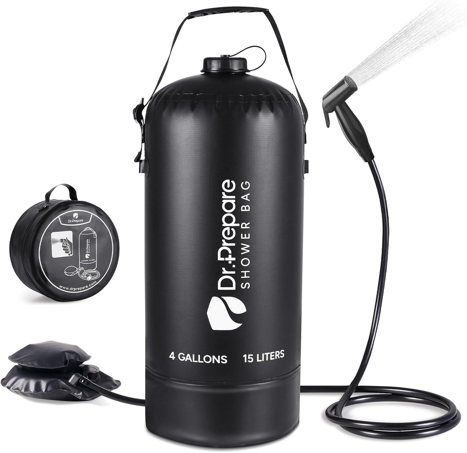 Black PVC Portable Camping Shower with Foot Pump, 5 Gallons