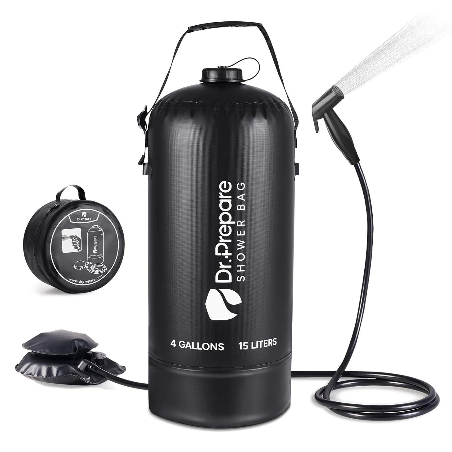 Black PVC Portable Camping Shower with Foot Pump, 5 Gallons