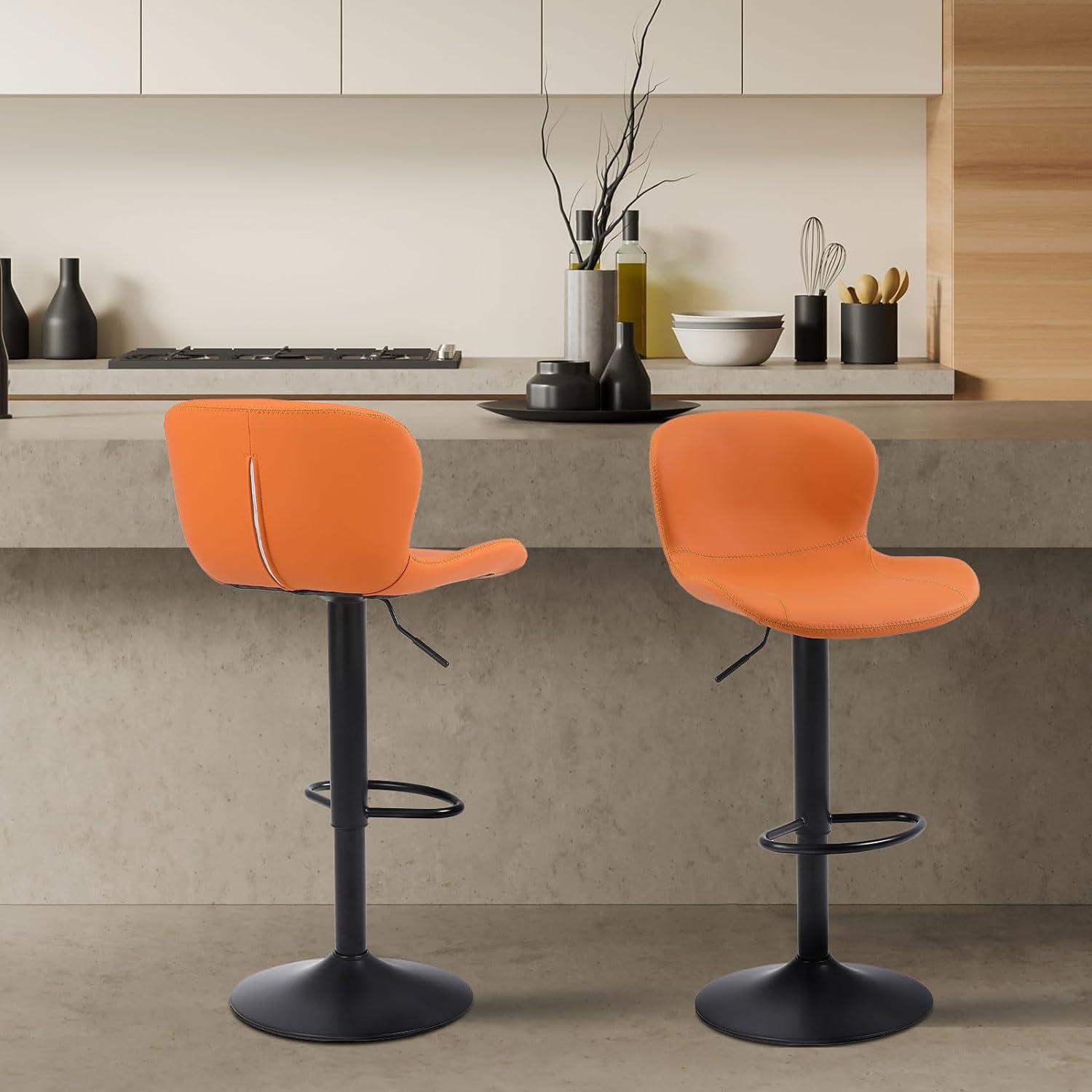 Orange Adjustable Swivel Metal and Leather Bar Stools Set