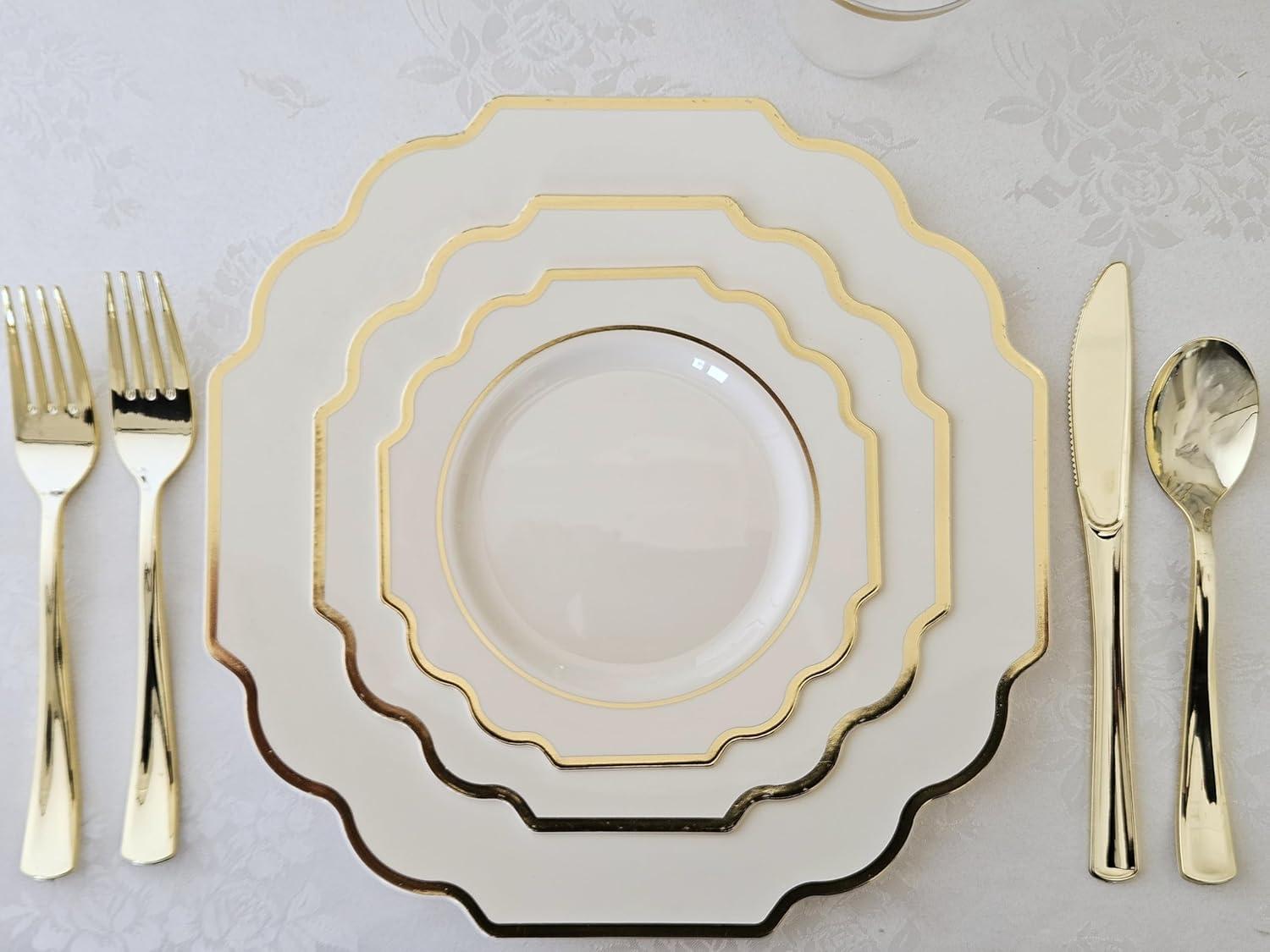 Imperial Ivory and Gold Disposable Plastic Wedding Plates Set