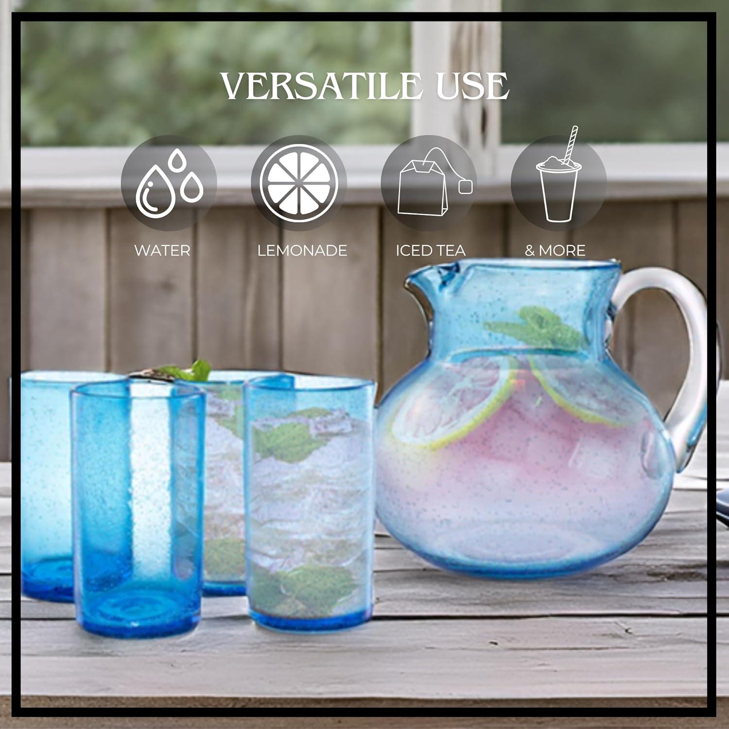Artland Iris 90oz Hand Blown Pitcher & Set of 4 17oz Highball Glasses, Unique Bubble Design, Lead-Free Glass for Serving Beverages - Turquoise