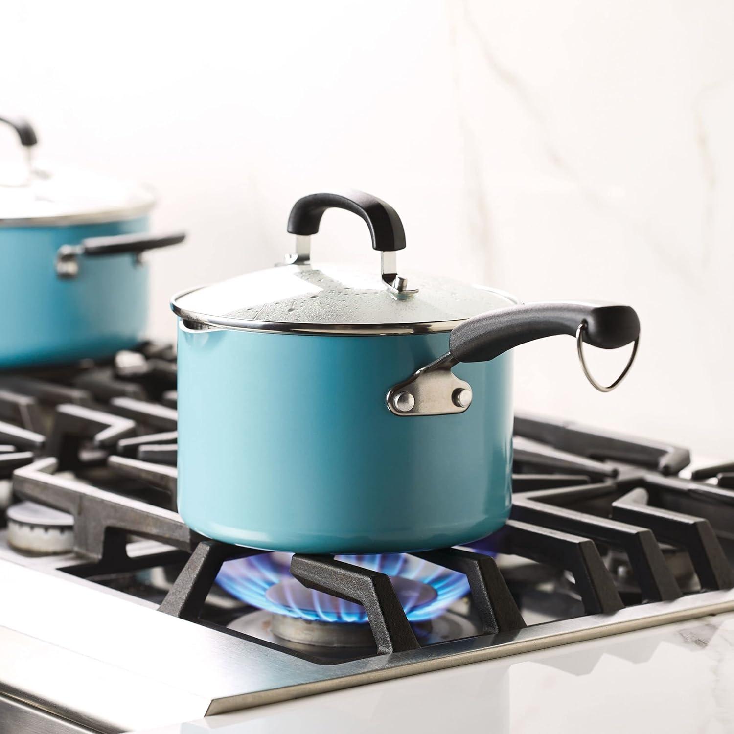 Turquoise Aluminum Nonstick Saucier with Pour Spout and Lid, 3 Quart