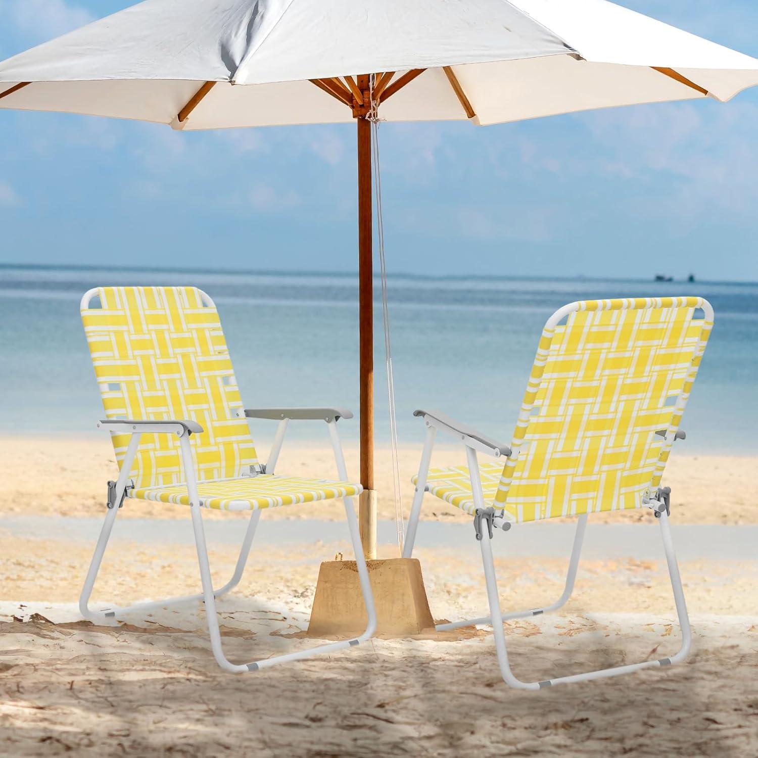 MoNiBloom Portable Webbed Beach Chairs Set of 2, Folding Camping Woven Seats with Armrests, for Outdoor Patio Lawn, Lemon Yellow