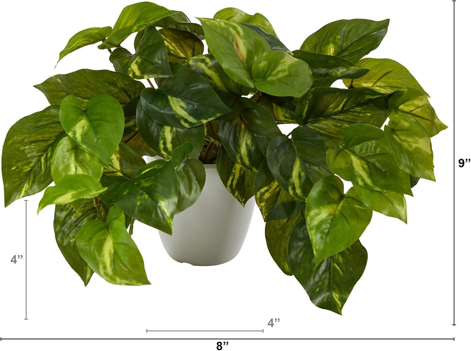 Nearly Natural 9-in Pothos Artificial Plant in White Planter (Real Touch)