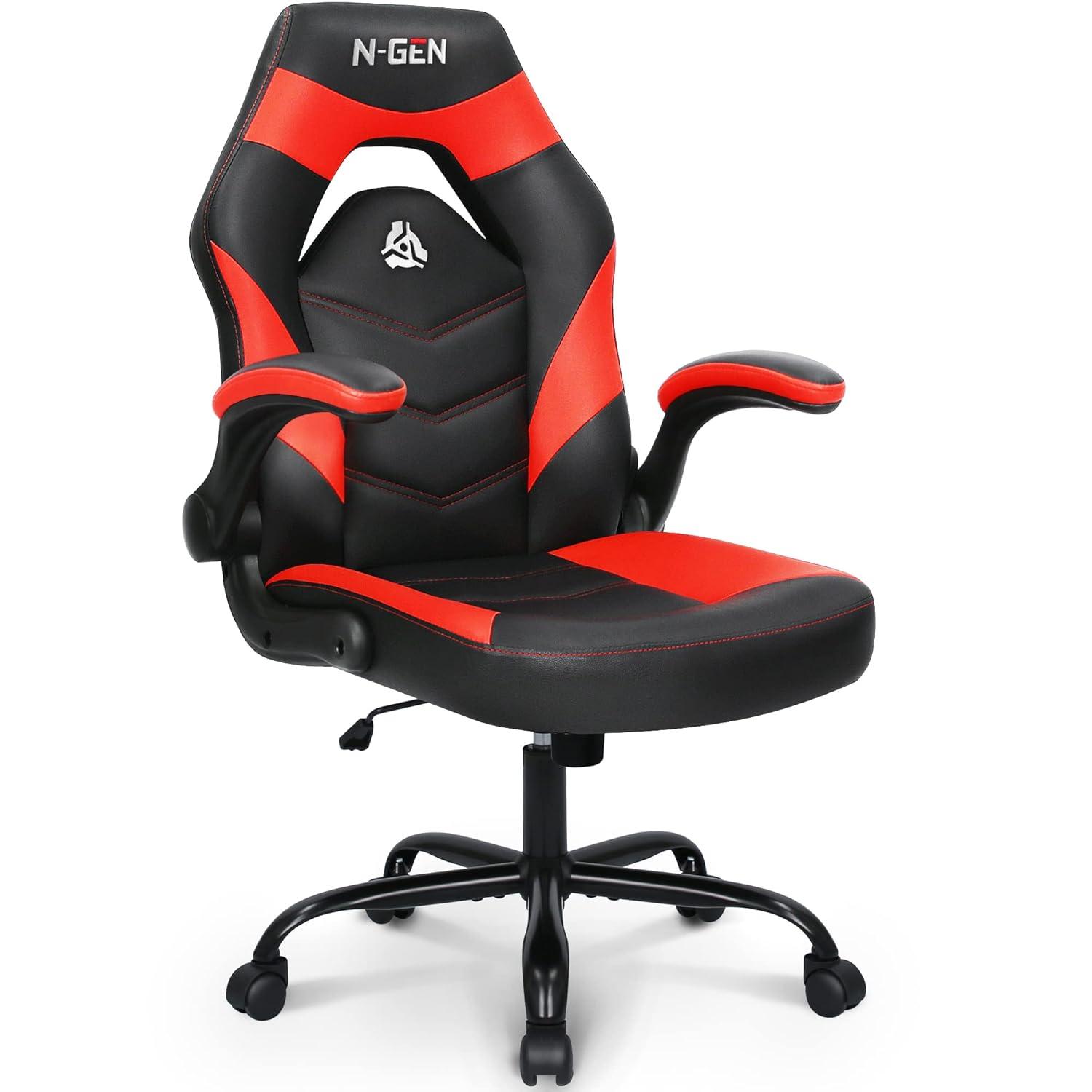N-GEN Adjustable Ergonomic Faux Leather Swiveling PC & Racing Game Office Desk Chair with Flip-Up Arms