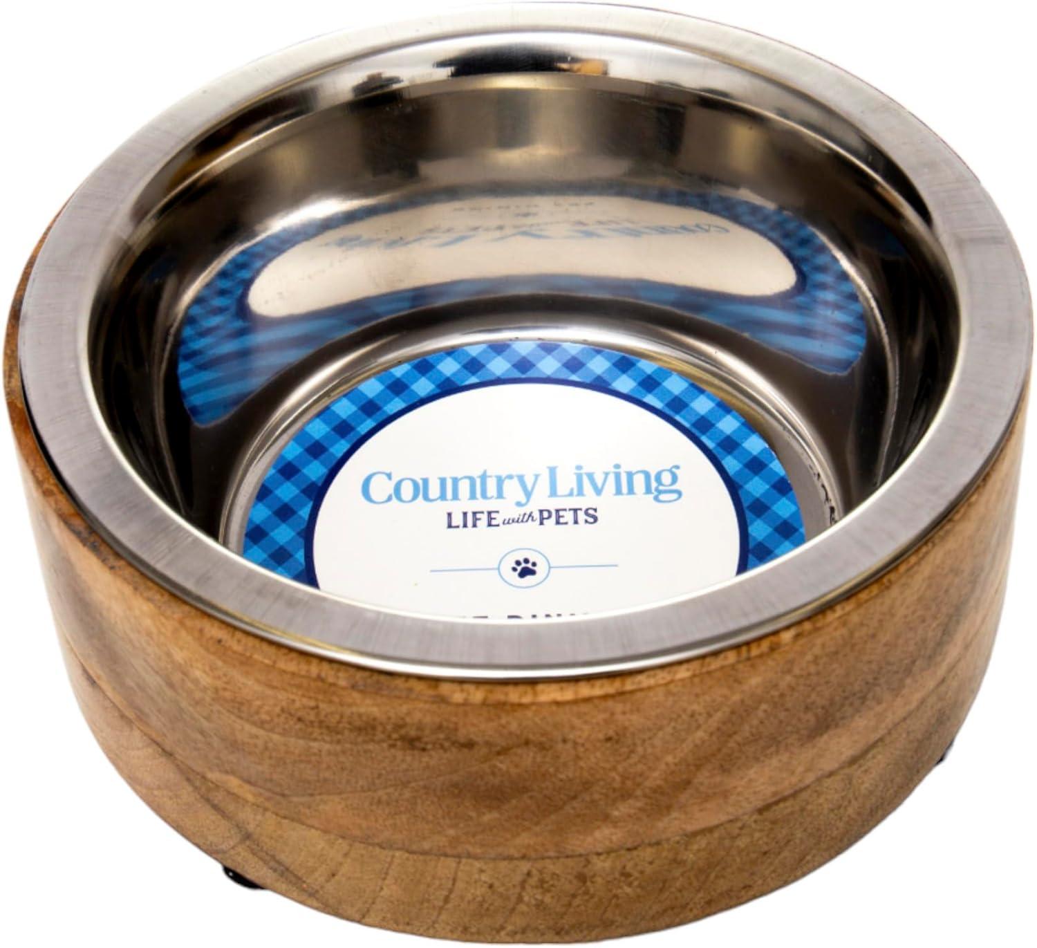 Country Living Stainless Steel Dog Bowl with Cylindrical Mango Wood Holder, Durable & Stylish Dish, Sustainable Dog Feeding Solution (1 Pint)