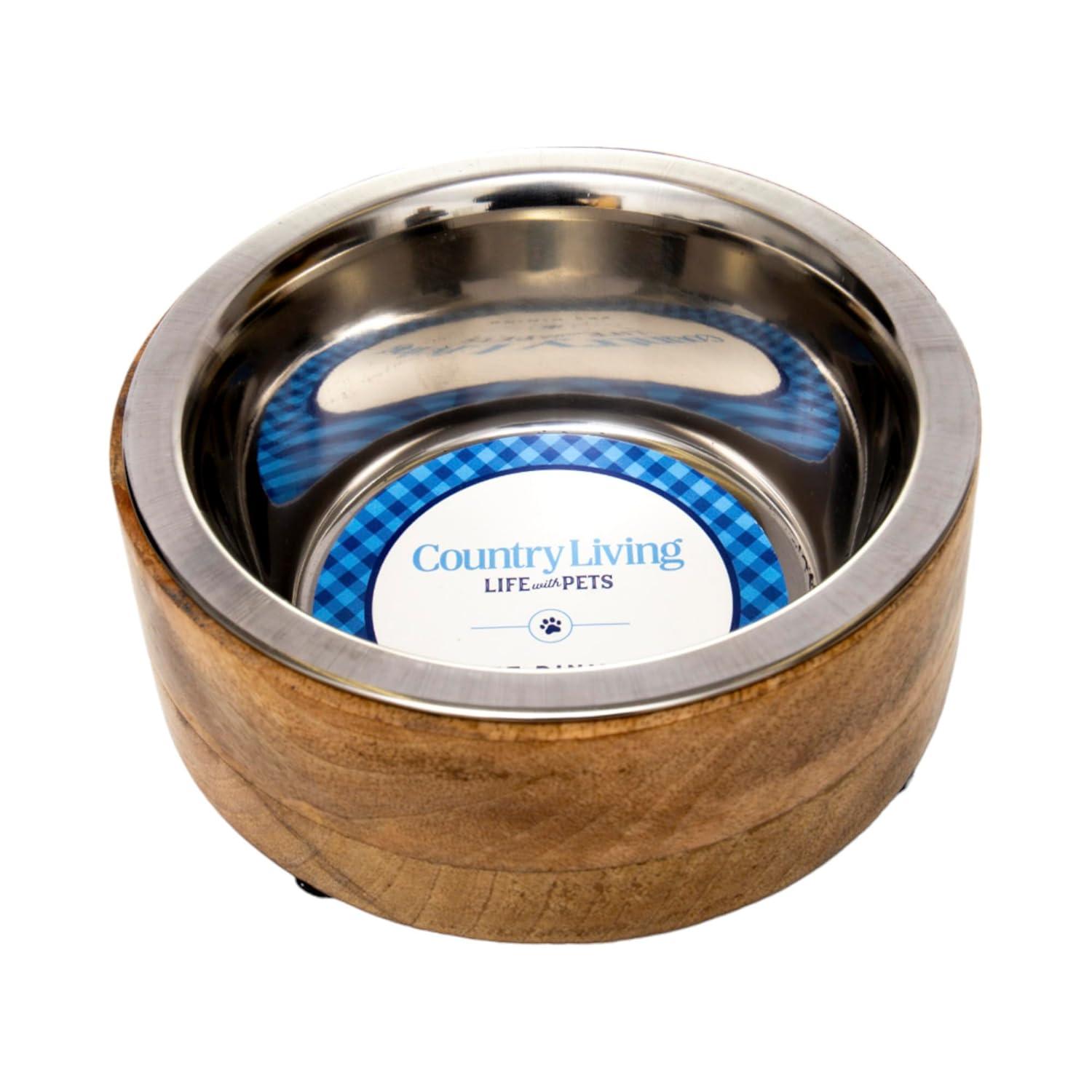 Country Living Stainless Steel Dog Bowl with Cylindrical Mango Wood Holder, Durable & Stylish Dish, Sustainable Dog Feeding Solution (1 Pint)
